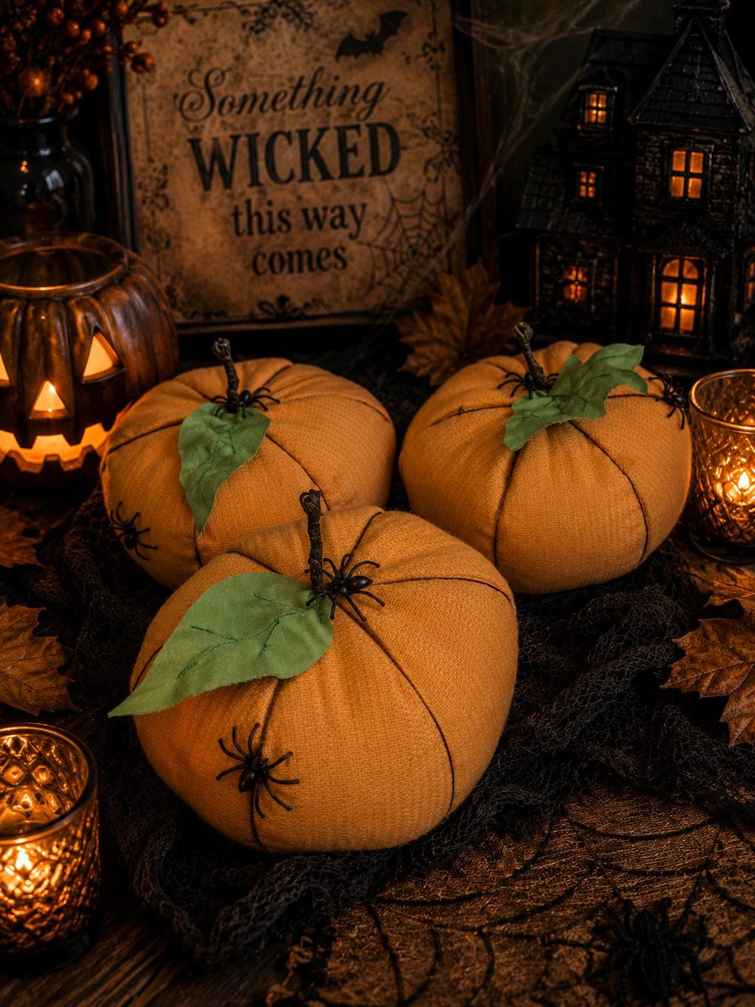 Handmade Orange Halloween Pumpkins: Spooky Spider Decor, Set of 3 - KJ Designs