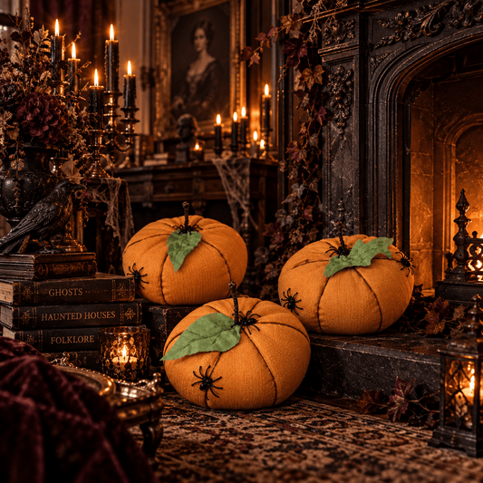 Handmade Orange Halloween Pumpkins: Spooky Spider Decor, Set of 3 - KJ Designs