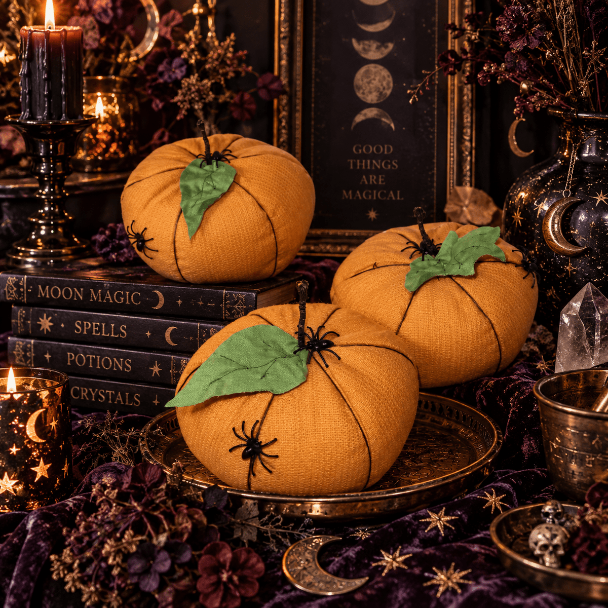 Handmade Orange Halloween Pumpkins: Spooky Spider Decor, Set of 3 - KJ Designs