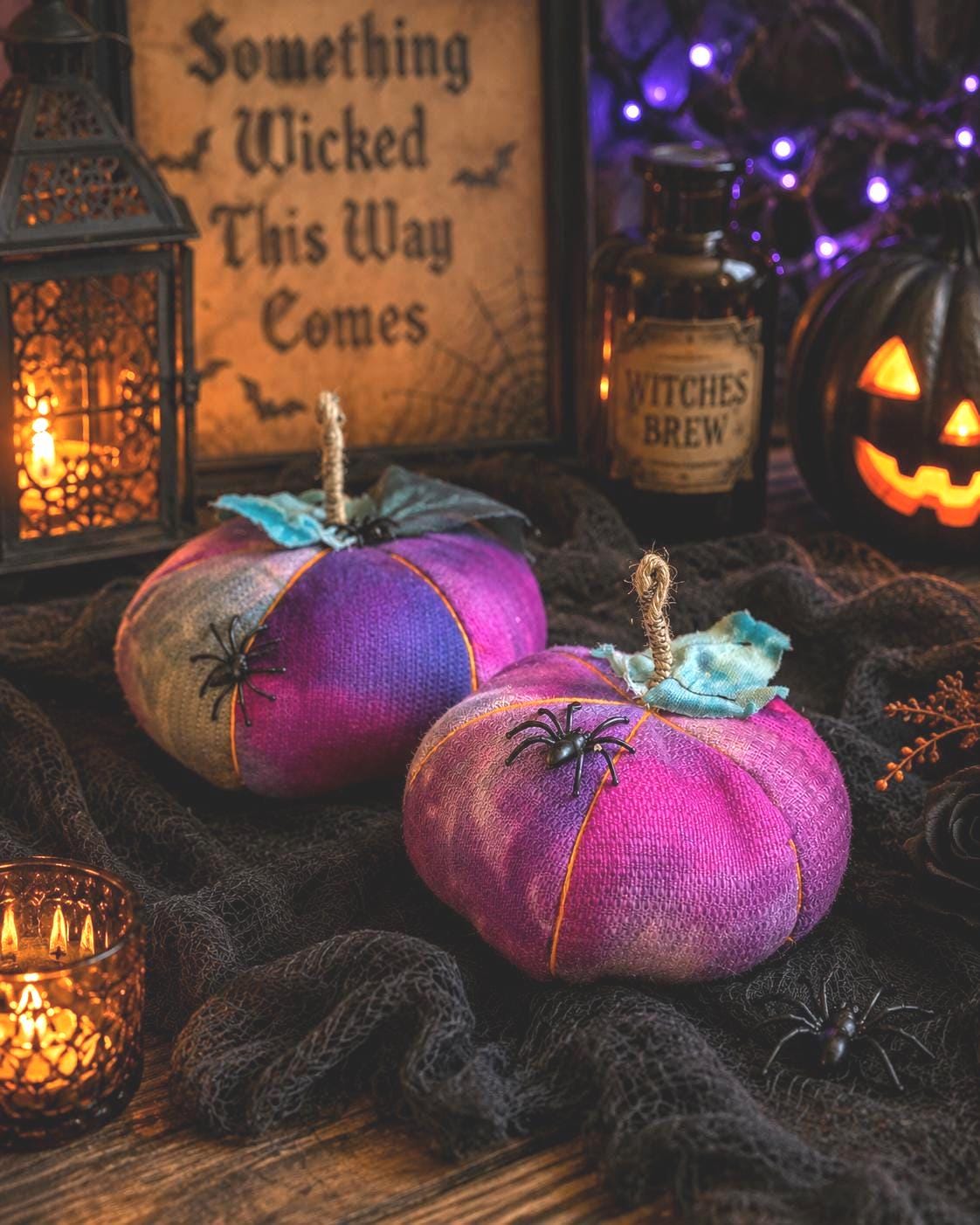 Handmade Purple Halloween Pumpkins: Spooky Spider Decor (Pair) - KJ Designs