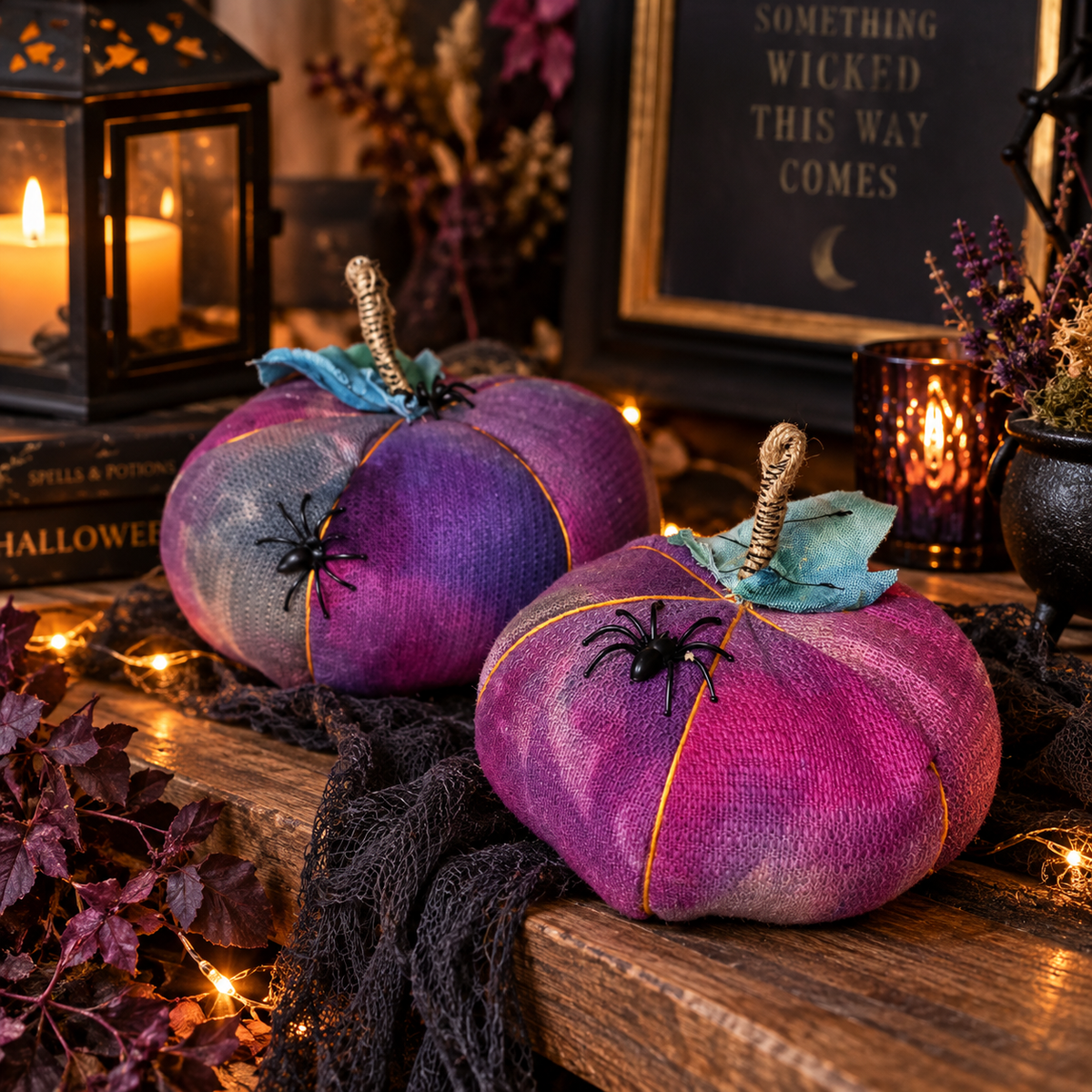 Handmade Purple Halloween Pumpkins: Spooky Spider Decor (Pair) - KJ Designs