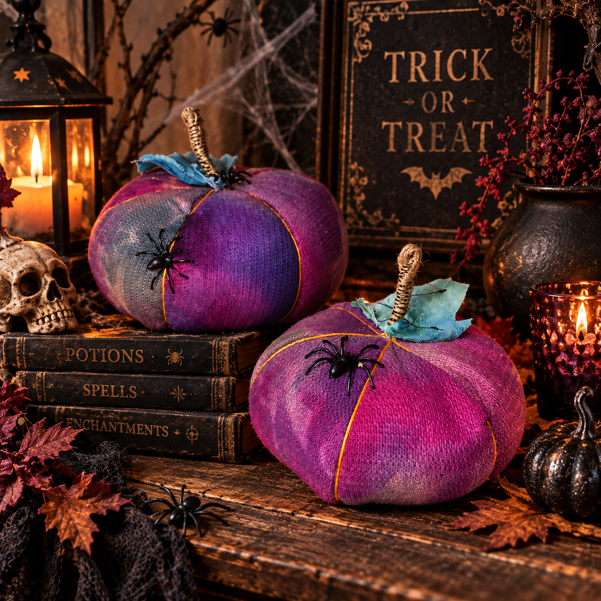 Handmade Purple Halloween Pumpkins: Spooky Spider Decor (Pair) - KJ Designs