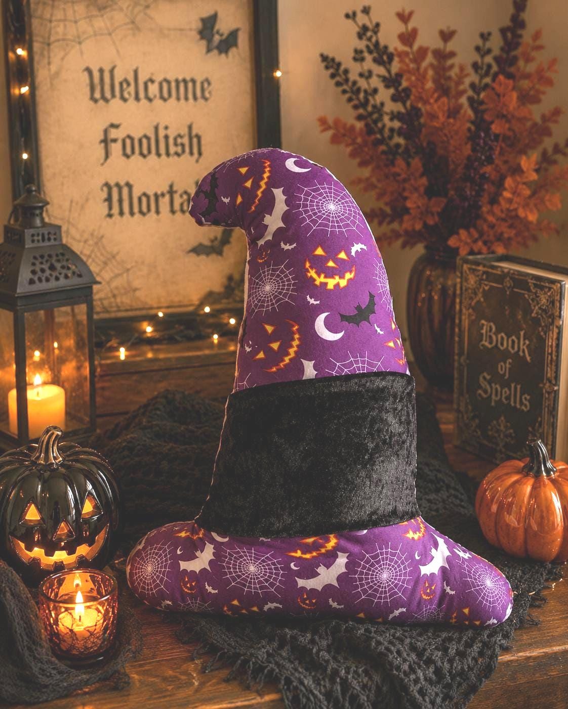 Handcrafted Purple Witch Hat Cushion: Halloween Accent Pillow - KJ Designs