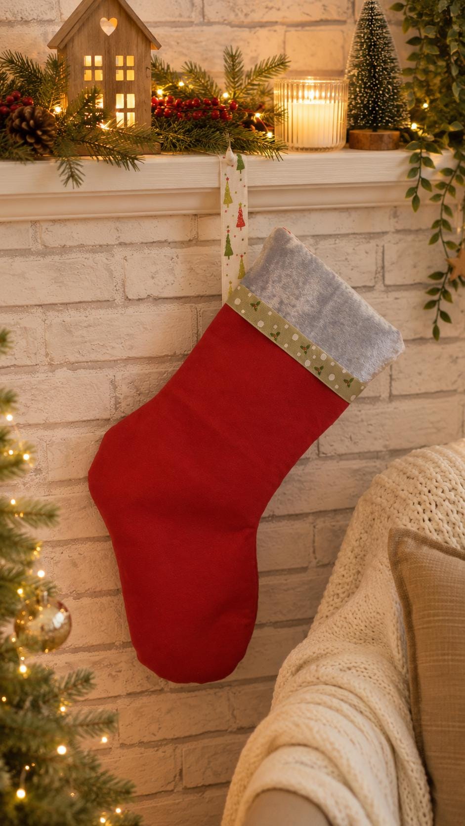 Handmade Red Felt Christmas Stocking: Green Ribbon & Blue Velvet Trim - KJ Designs