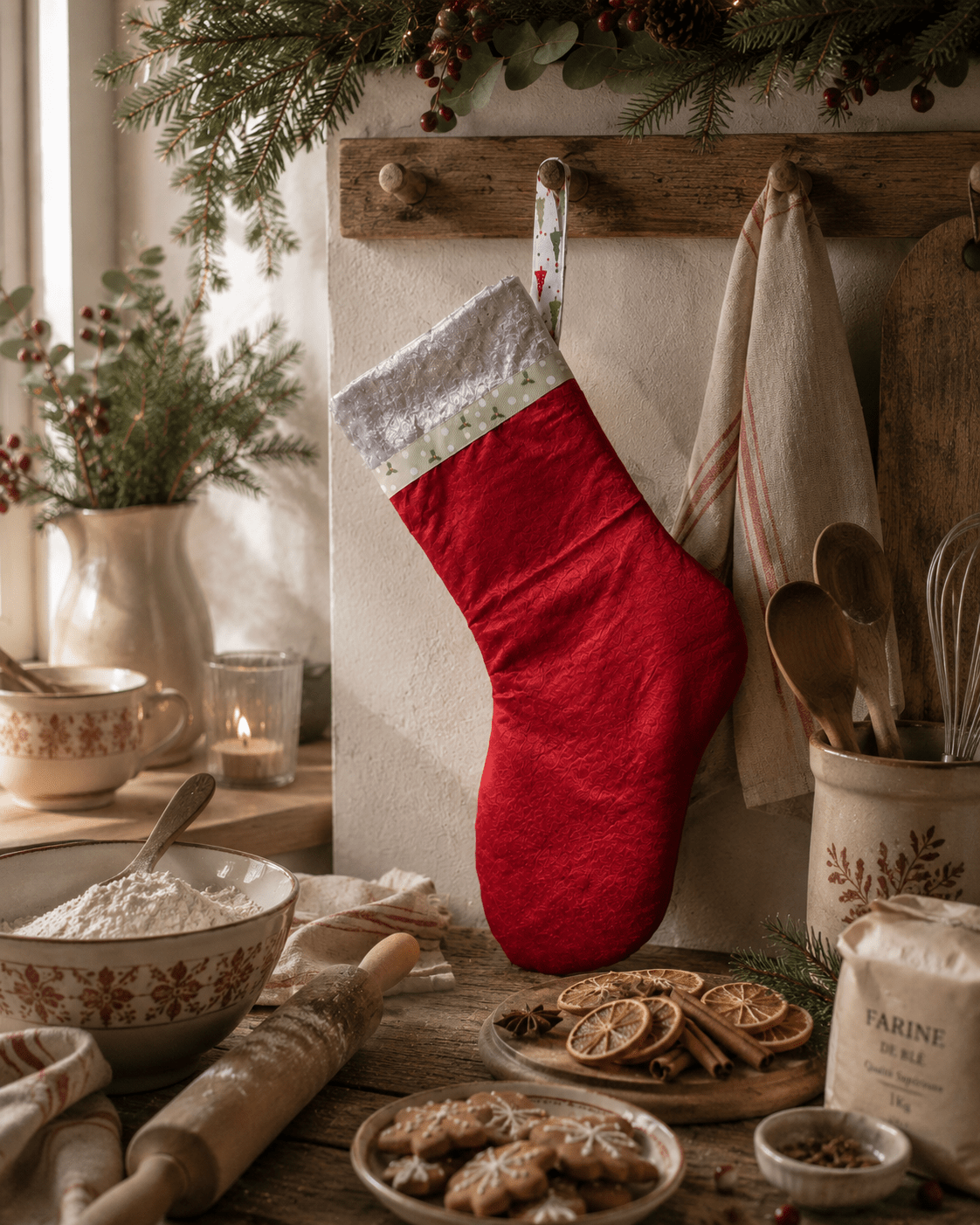 Handmade Red Felt Christmas Stocking: Green Ribbon & Blue Velvet Trim - KJ Designs