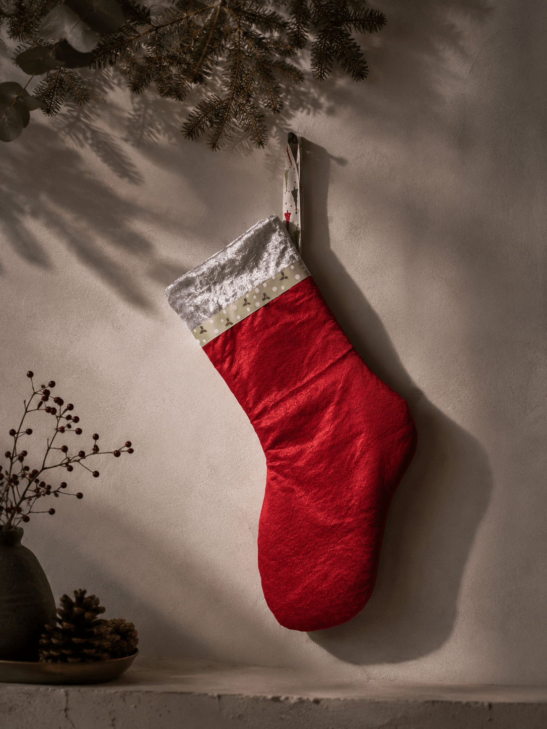 Handmade Red Felt Christmas Stocking: Green Ribbon & Blue Velvet Trim - KJ Designs