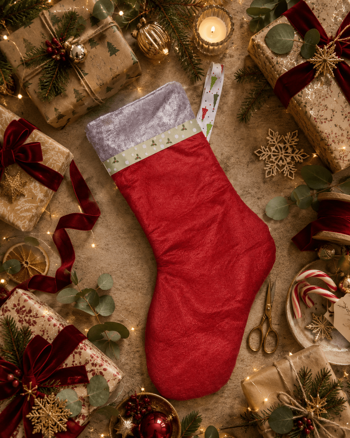 Handmade Red Felt Christmas Stocking: Green Ribbon & Blue Velvet Trim - KJ Designs