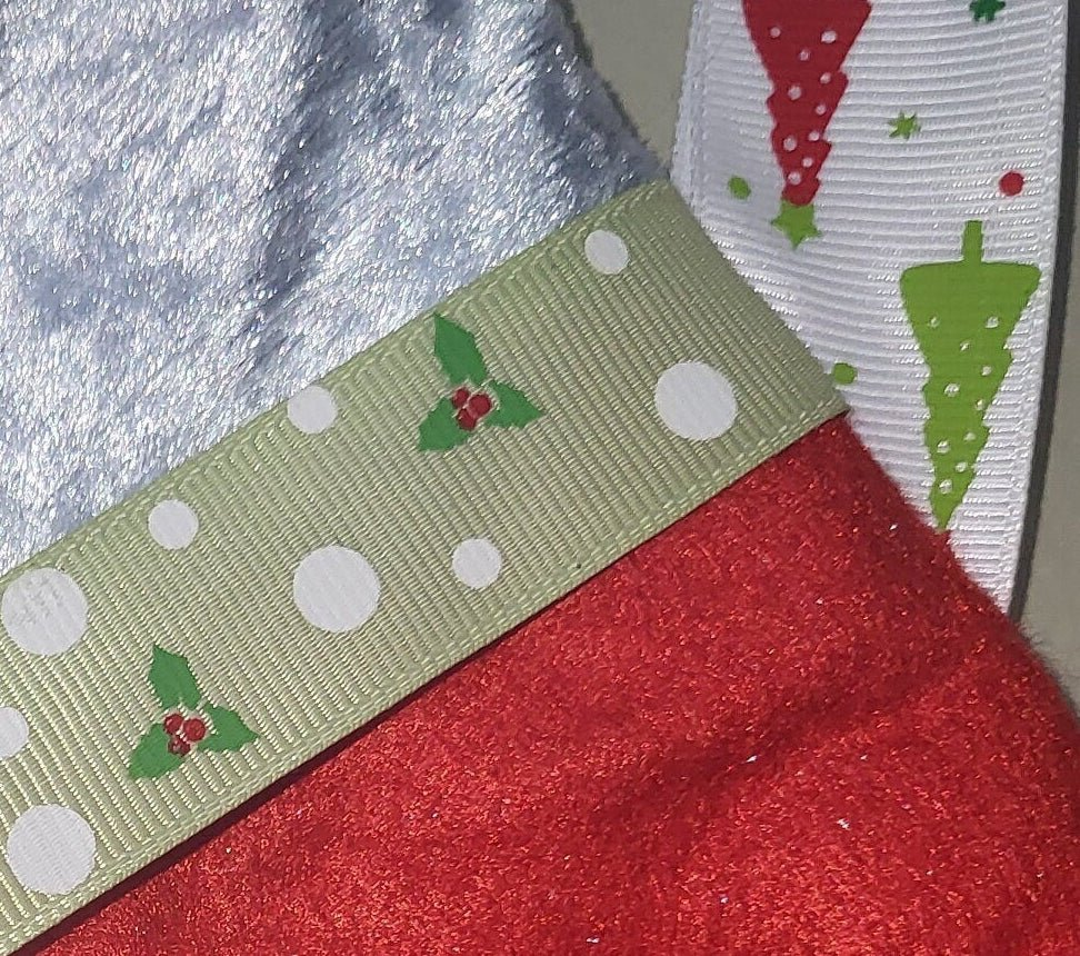 Handmade Red Felt Christmas Stocking: Green Ribbon & Blue Velvet Trim - KJ Designs
