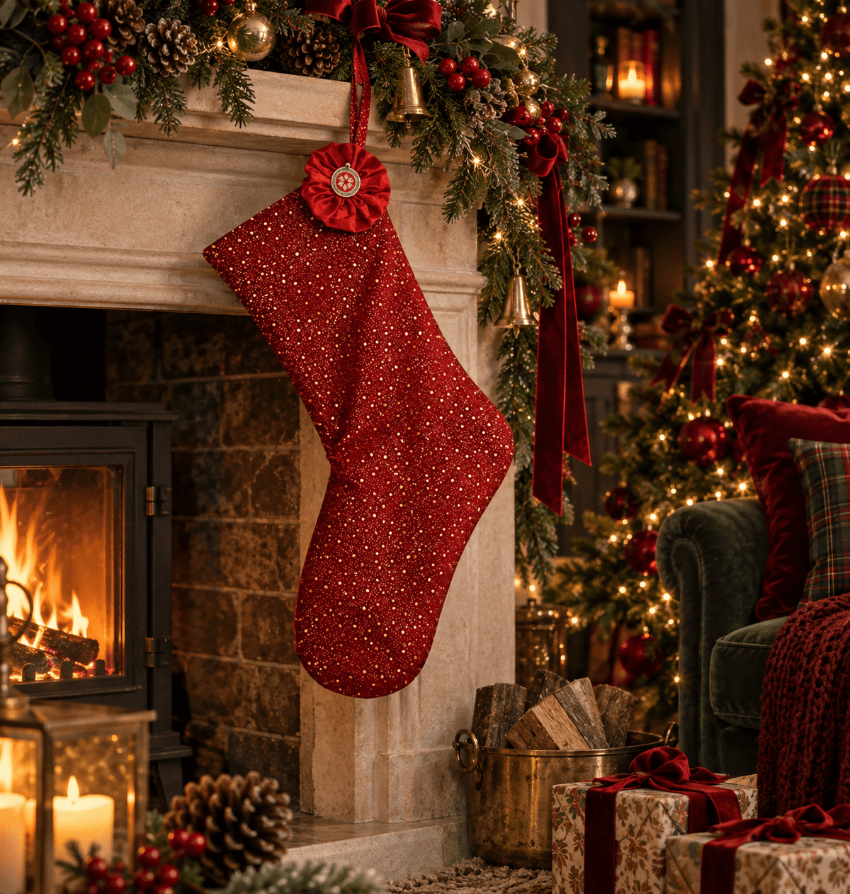 Handmade Red & Gold Christmas Stocking with Festive Rosette - KJ Designs