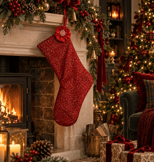 Handmade Red & Gold Christmas Stocking with Festive Rosette - KJ Designs