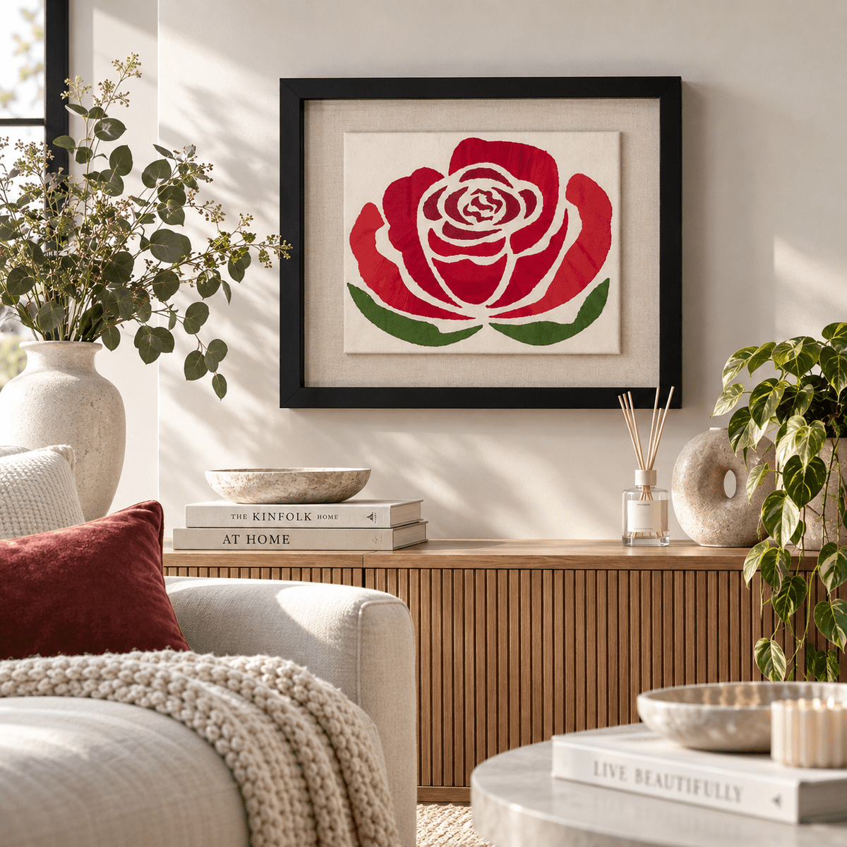 Handmade Red Rose Textile Wall Art - KJ Designs