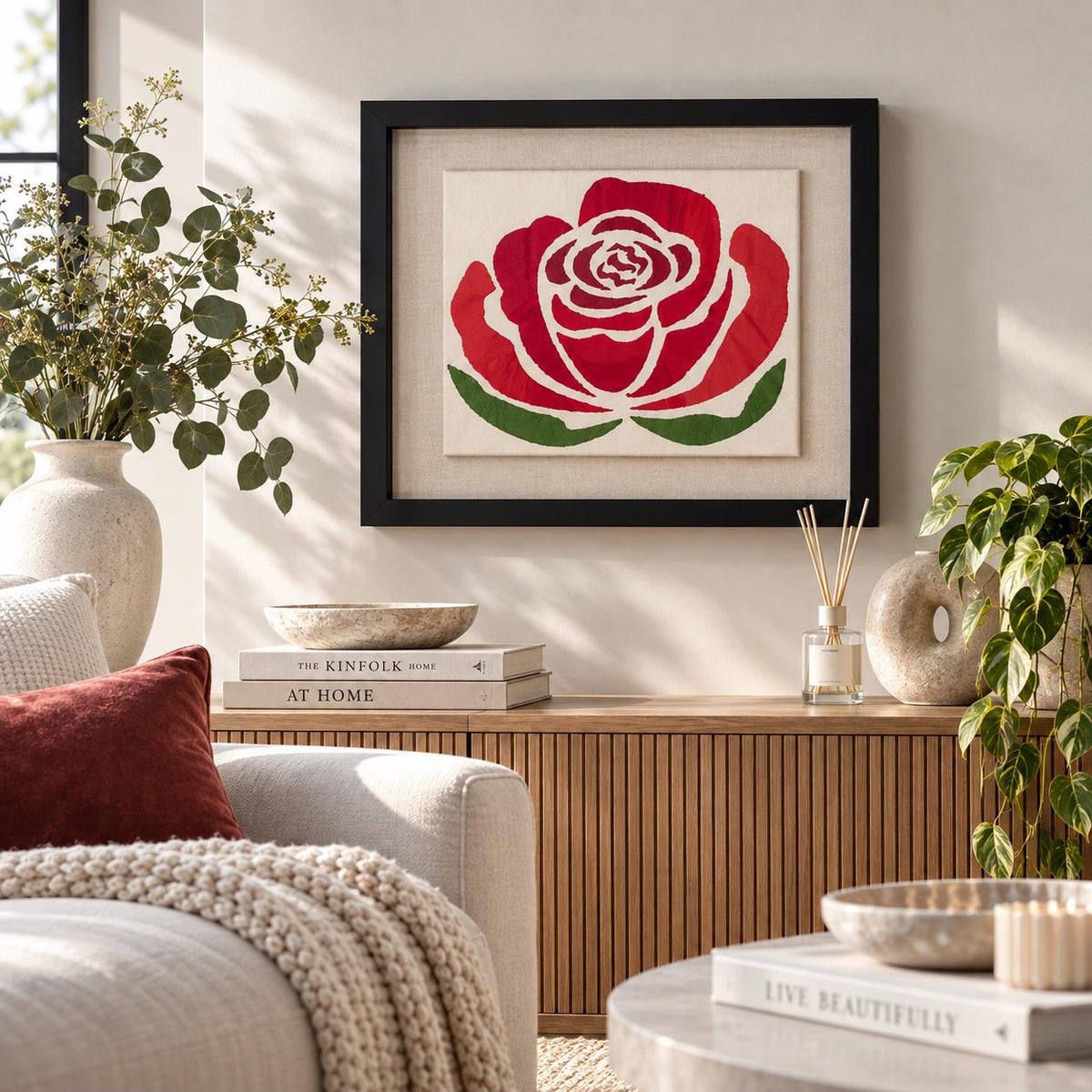 Handmade Red Rose Textile Wall Art - KJ Designs