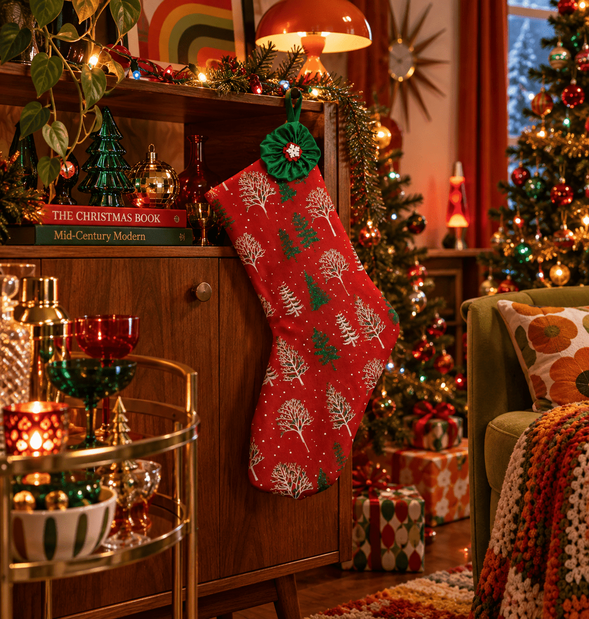 Handmade Red Woodland Christmas Stocking – Choice of Festive Finish - KJ Designs