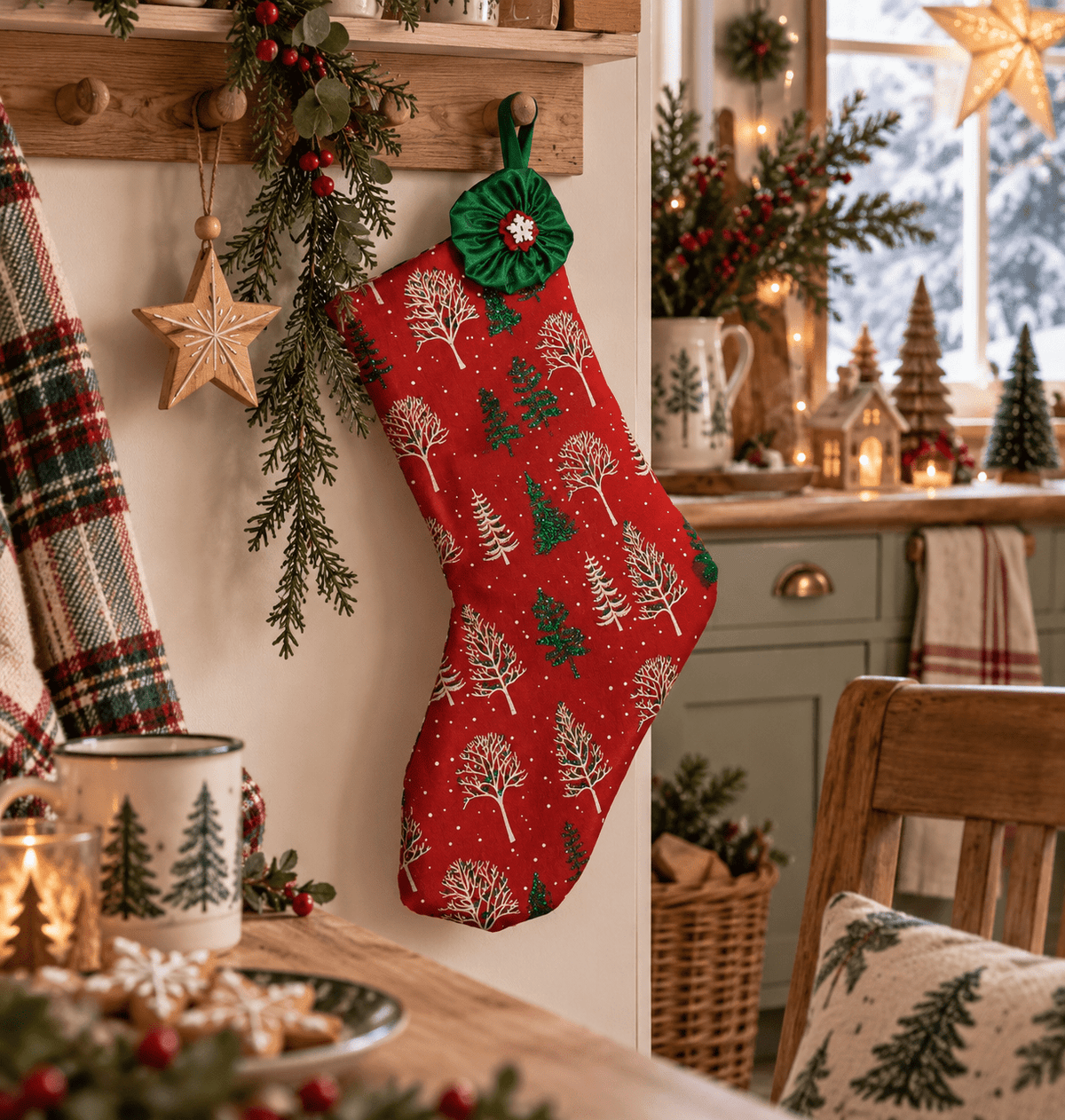 Handmade Red Woodland Christmas Stocking – Choice of Festive Finish - KJ Designs