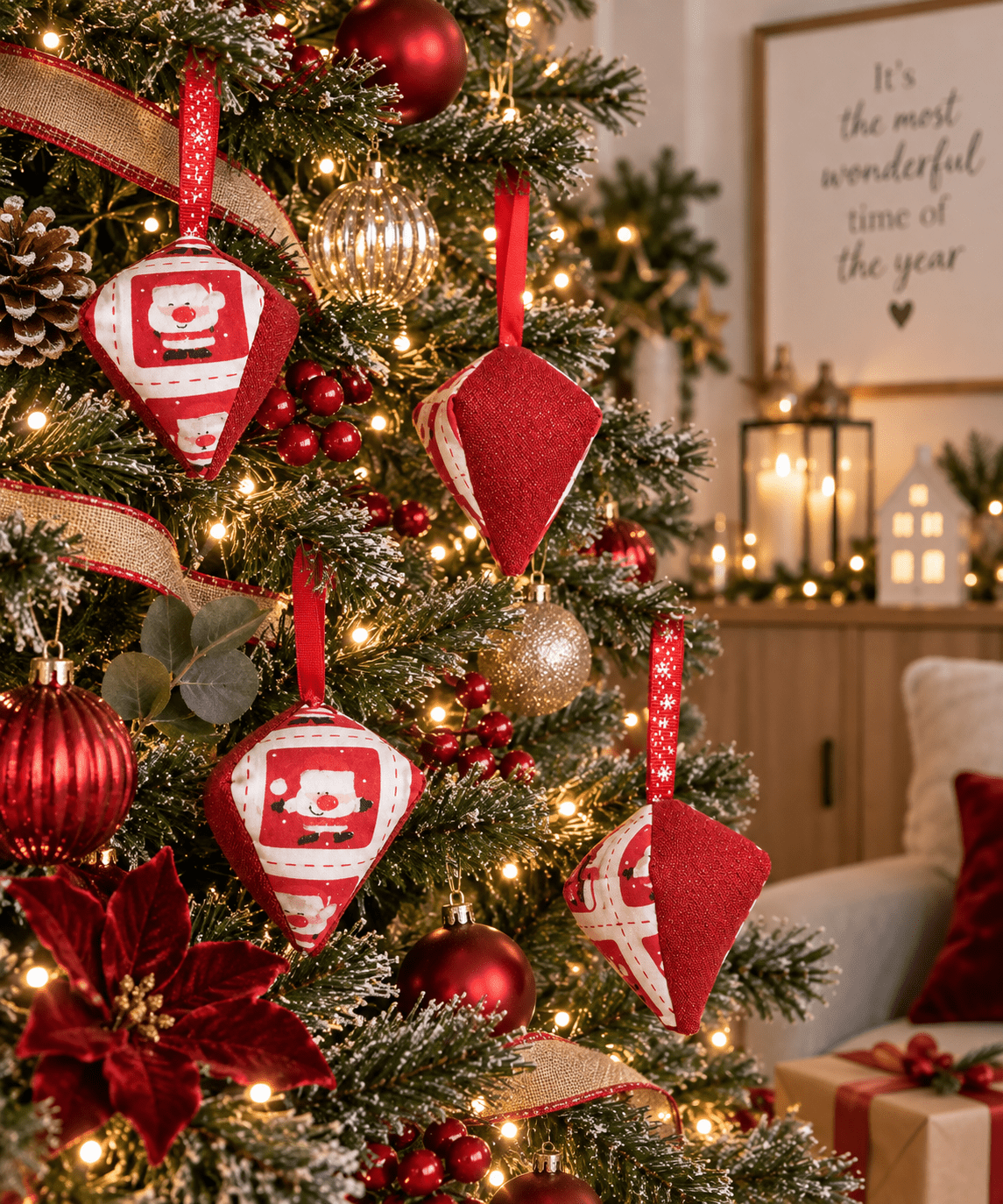 Handmade Santa Fabric Christmas Ornament: Glittery Tree Decoration - KJ Designs