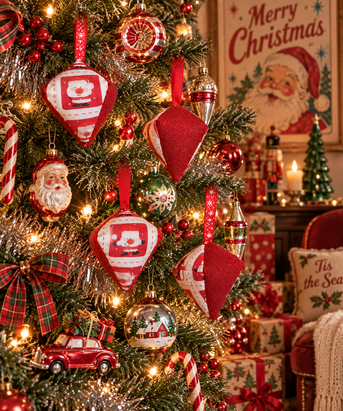 Handmade Santa Fabric Christmas Ornament: Glittery Tree Decoration - KJ Designs