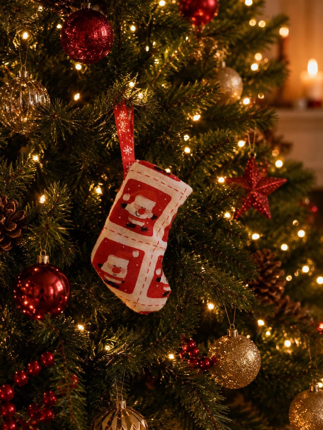 Handmade Santa Fabric Christmas Stocking Ornament - KJ Designs