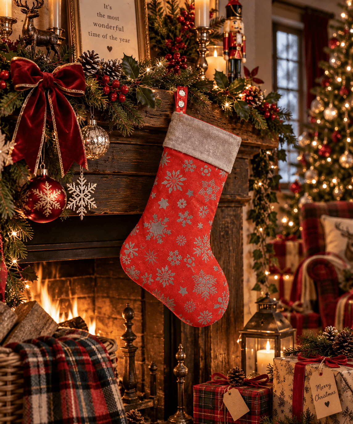 Handmade Snowflake Christmas Stocking: Red & Blue Holiday Decor - KJ Designs