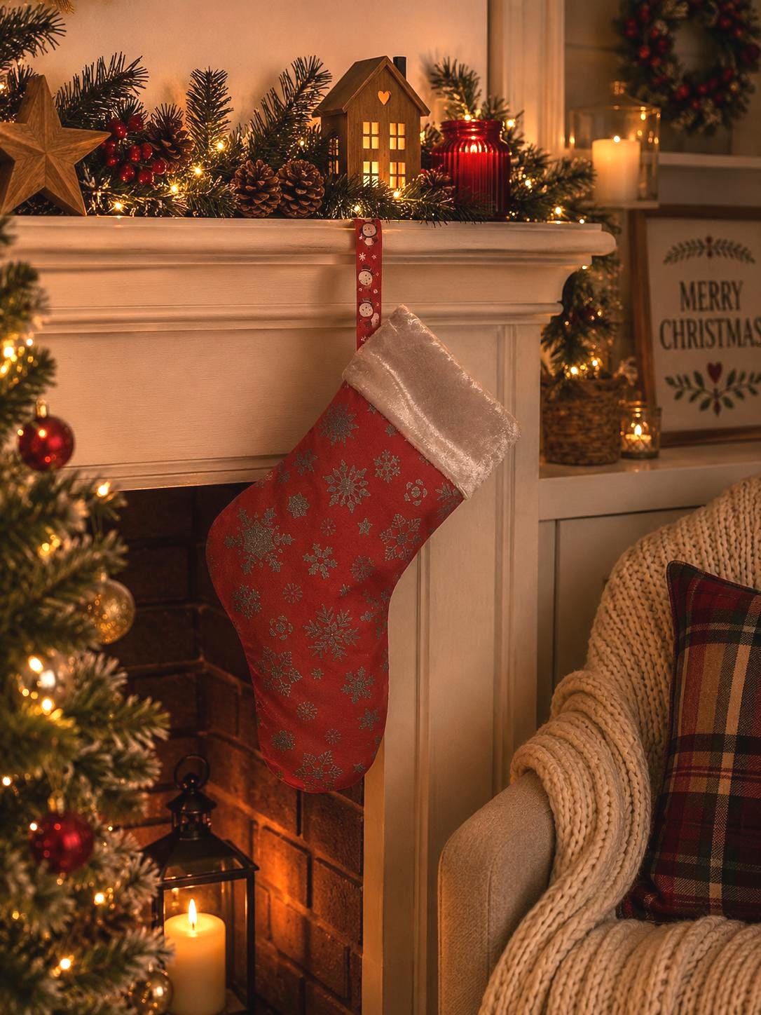 Handmade Snowflake Christmas Stocking: Red & Blue Holiday Decor - KJ Designs
