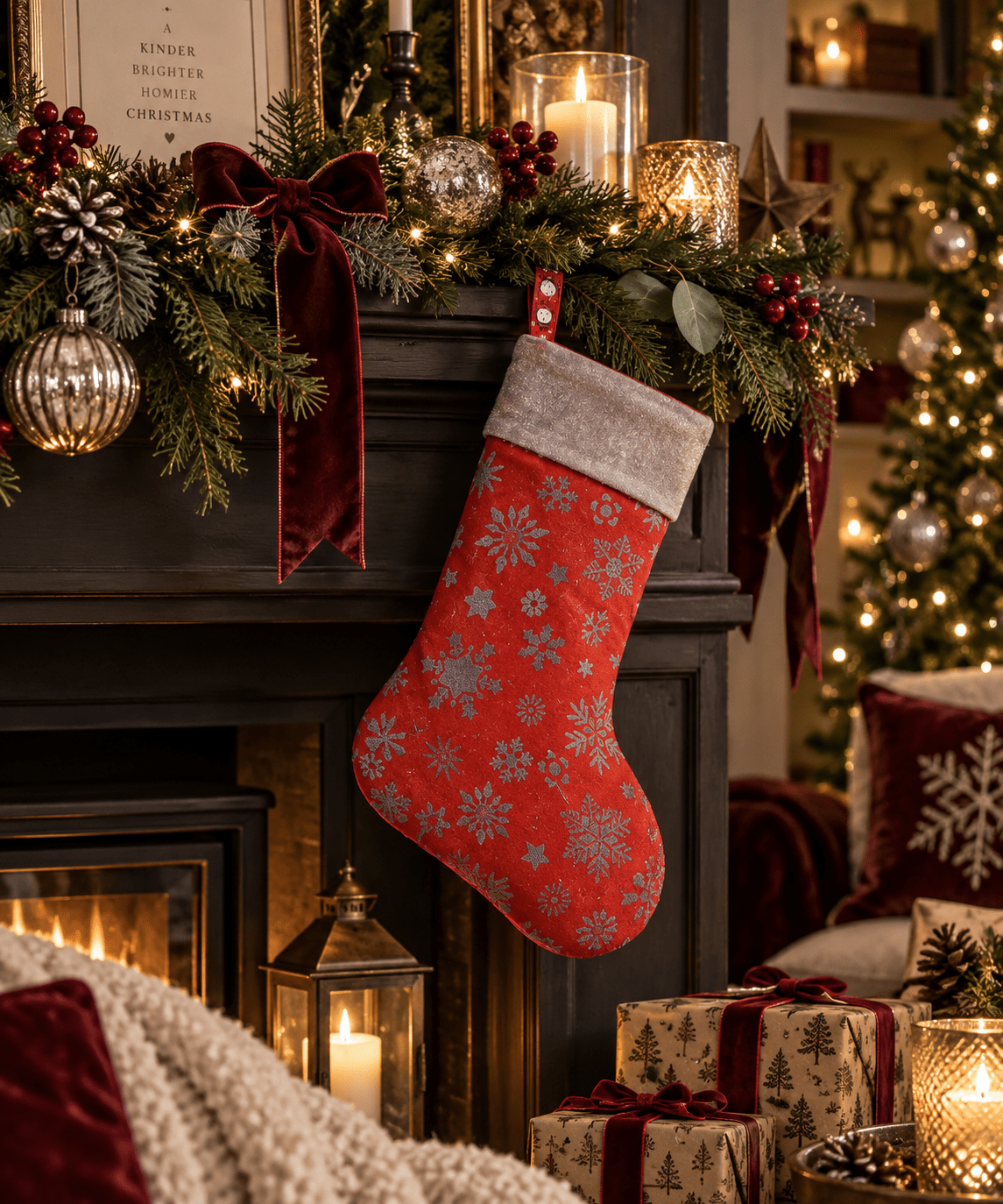 Handmade Snowflake Christmas Stocking: Red & Blue Holiday Decor - KJ Designs