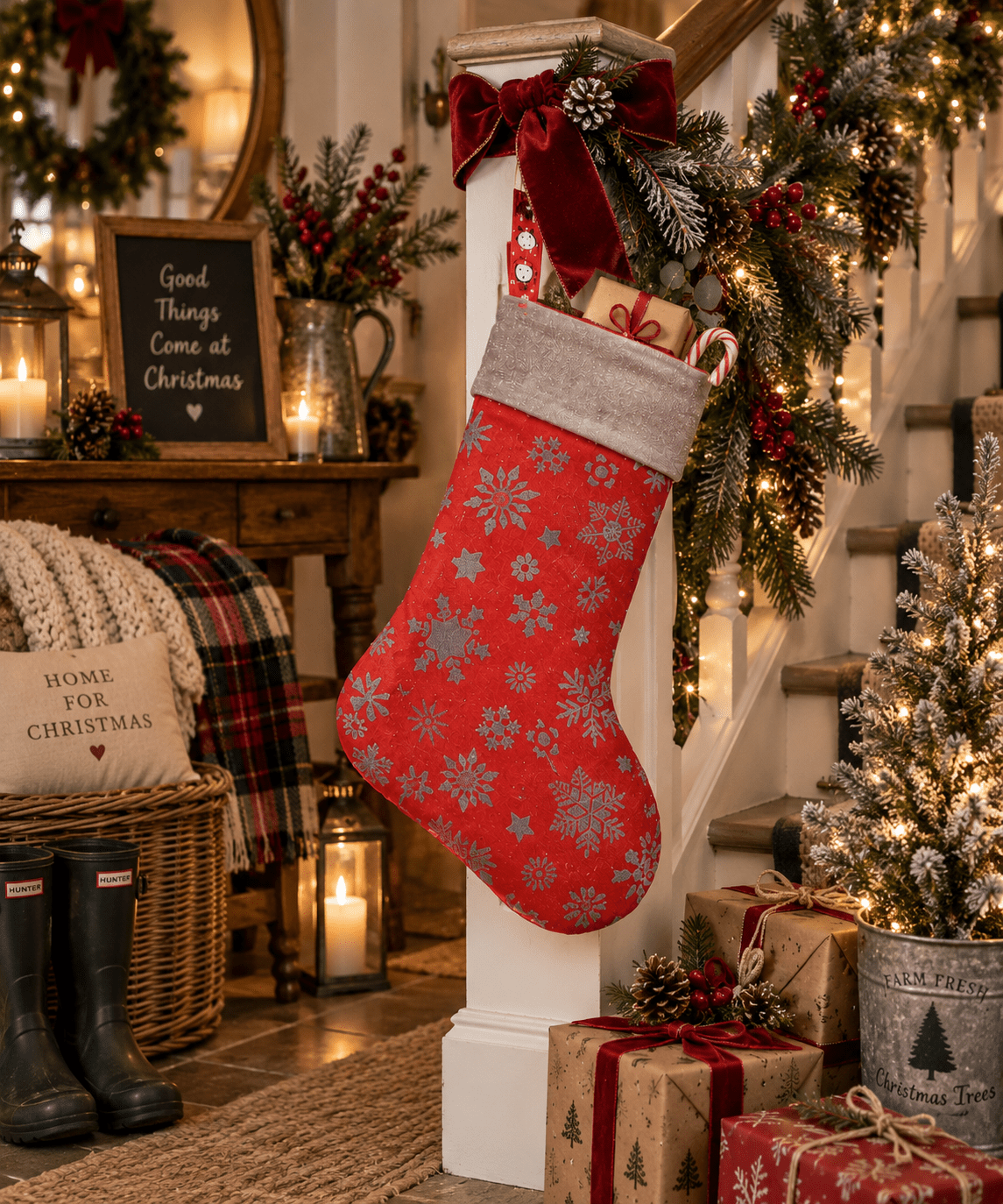 Handmade Snowflake Christmas Stocking: Red & Blue Holiday Decor - KJ Designs