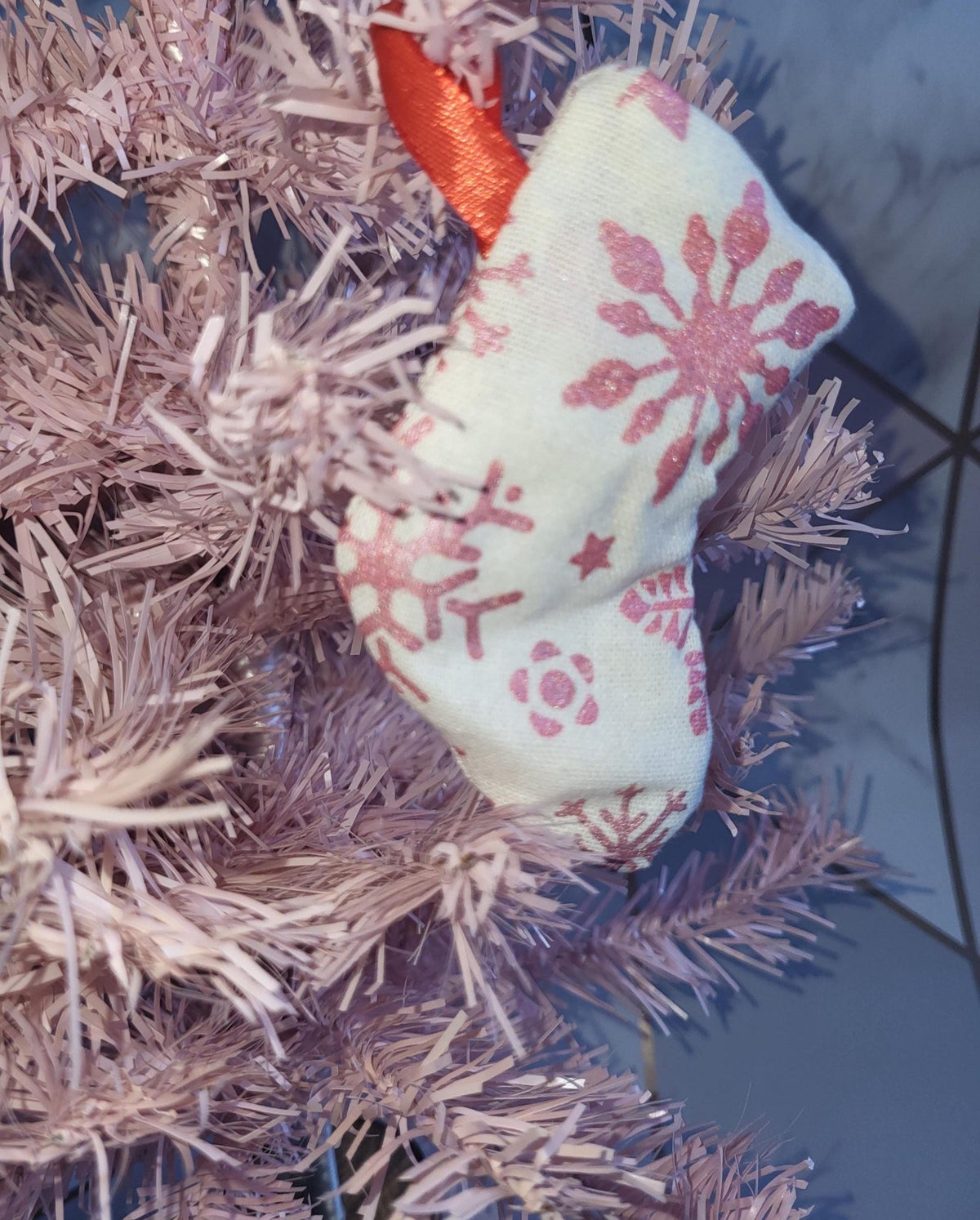 Handprinted Metallic Christmas Stocking Ornament: Fabric Tree Decoration - KJ Designs
