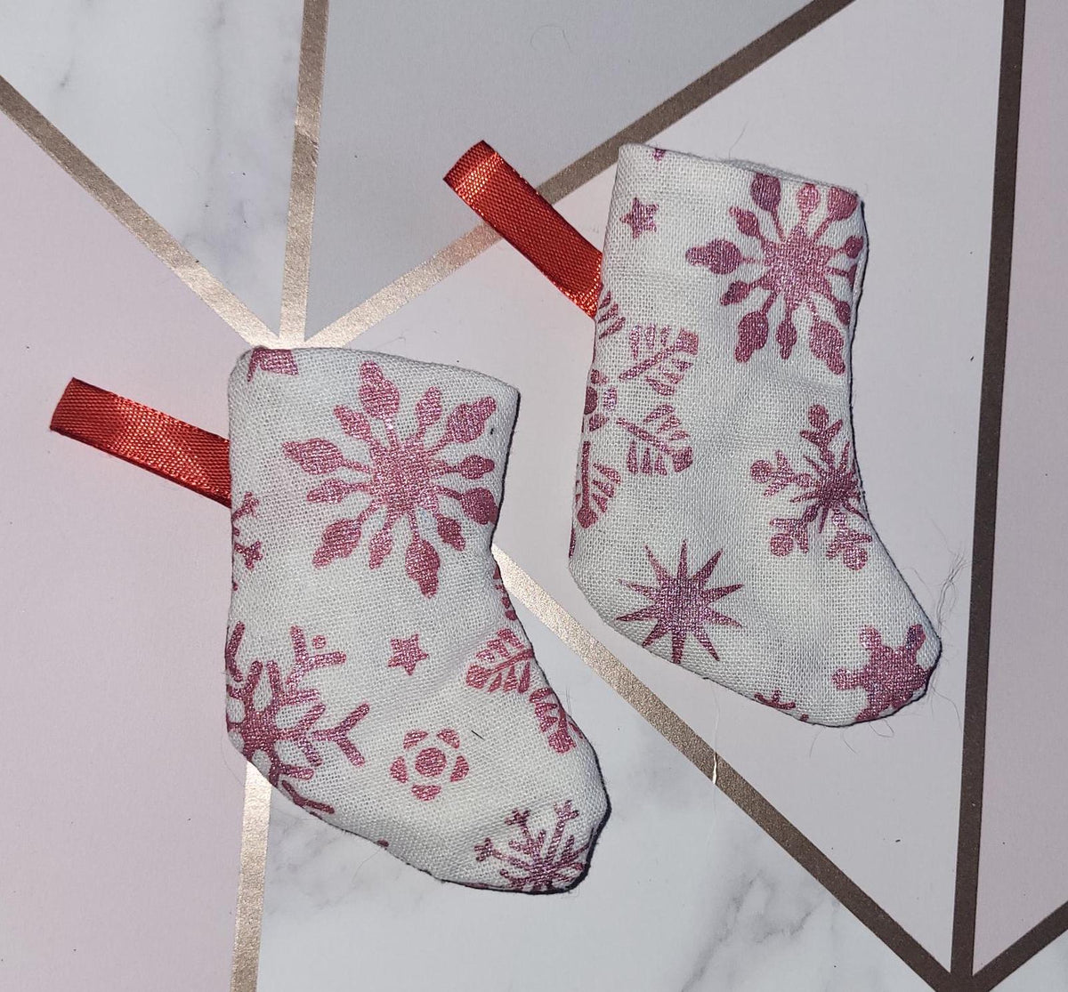 Handprinted Metallic Christmas Stocking Ornament: Fabric Tree Decoration - KJ Designs
