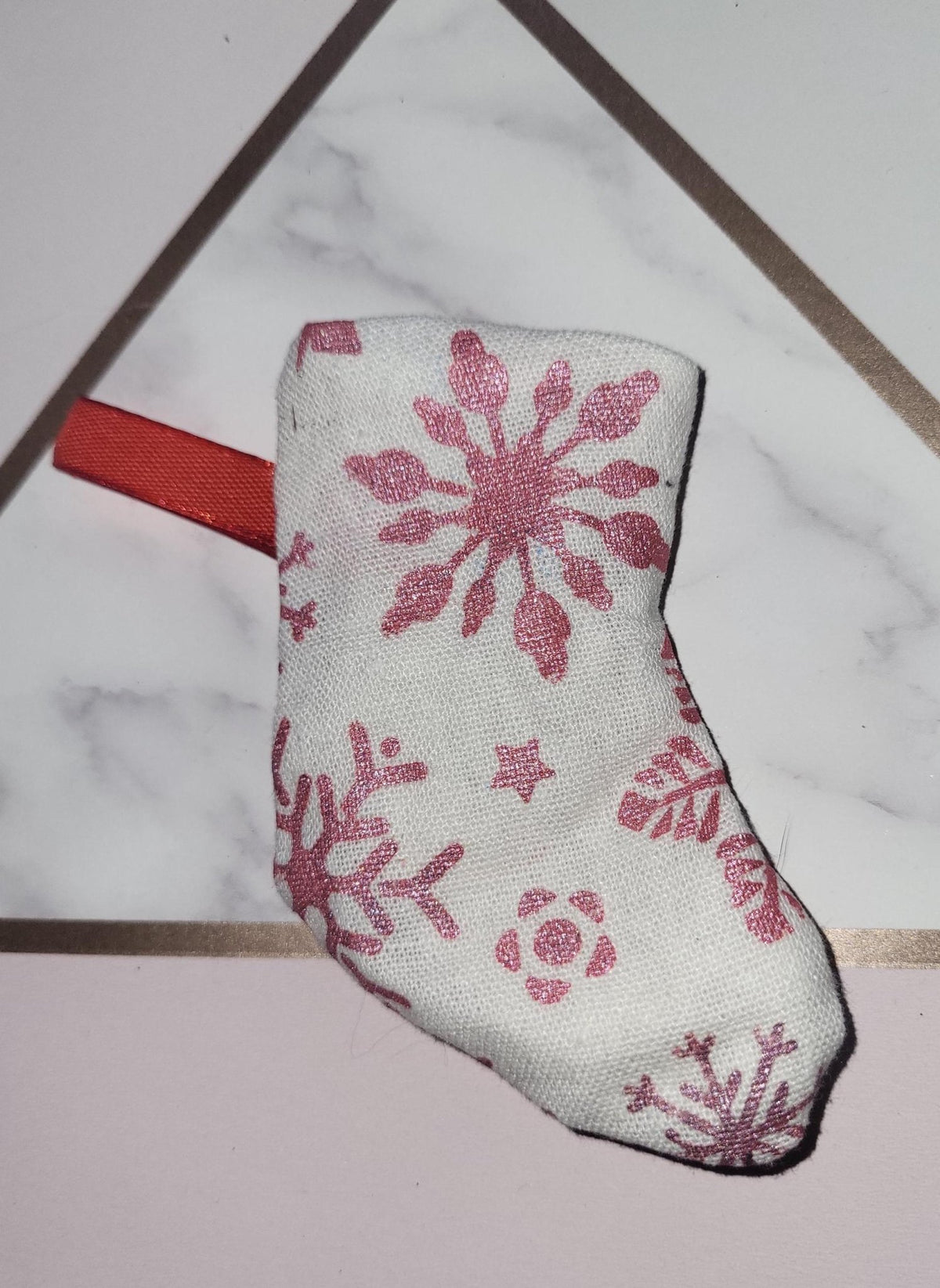 Handprinted Metallic Christmas Stocking Ornament: Fabric Tree Decoration - KJ Designs
