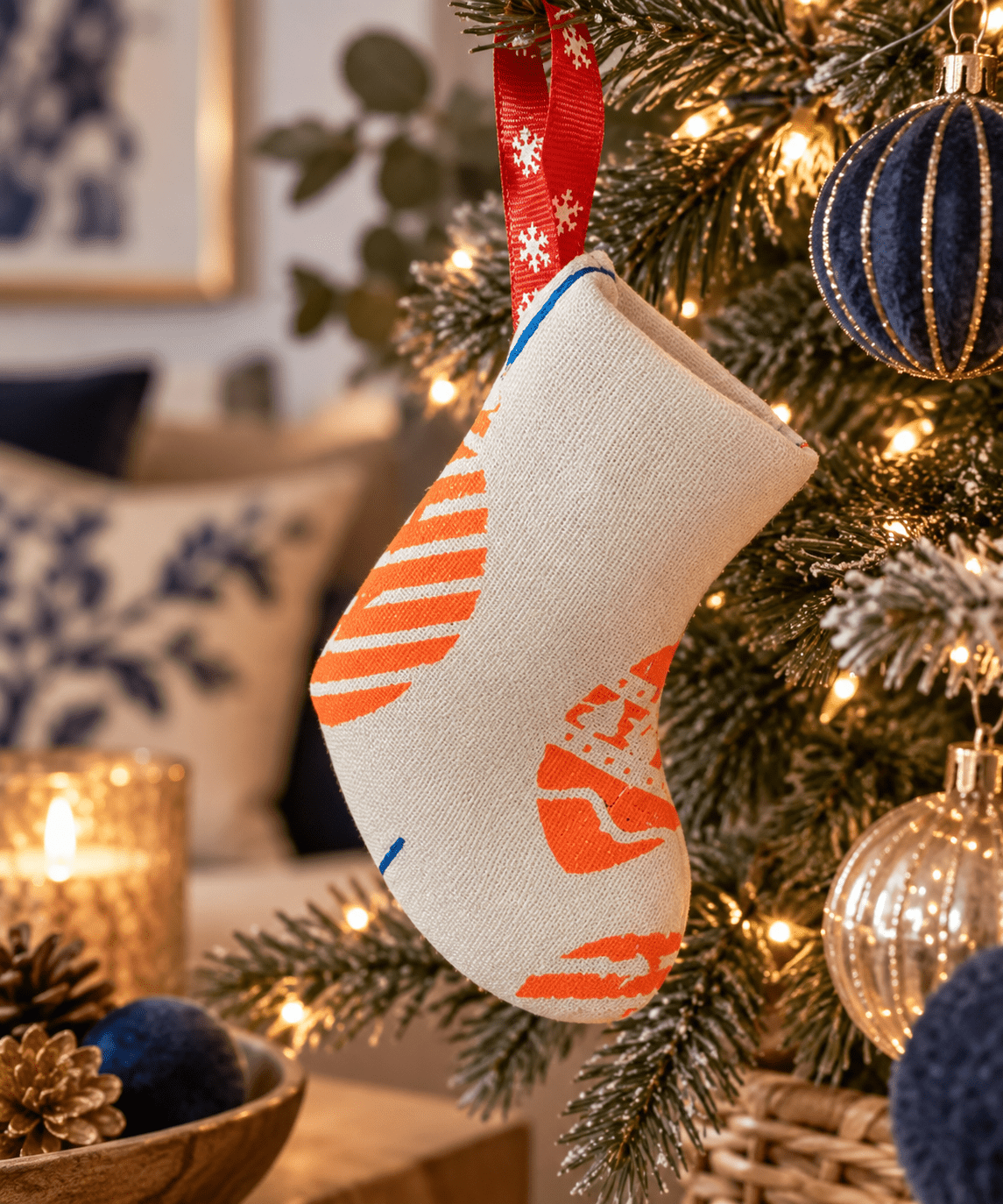 Handprinted Neon Christmas Stocking Ornament: Eco-Friendly Fabric Decor - KJ Designs