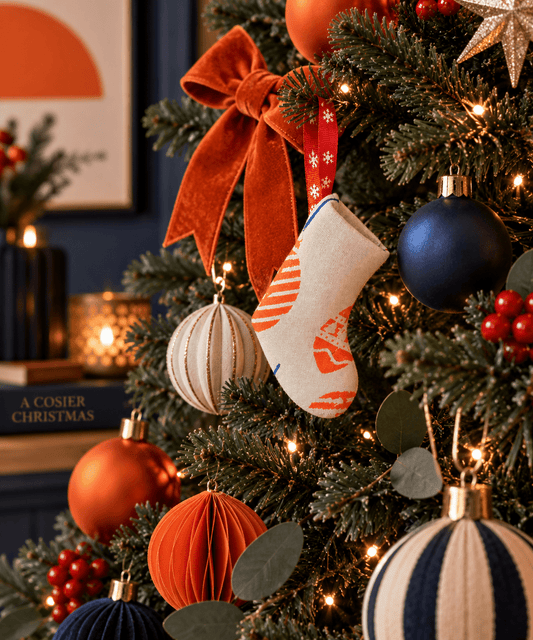 Handprinted Neon Christmas Stocking Ornament: Eco-Friendly Fabric Decor - KJ Designs