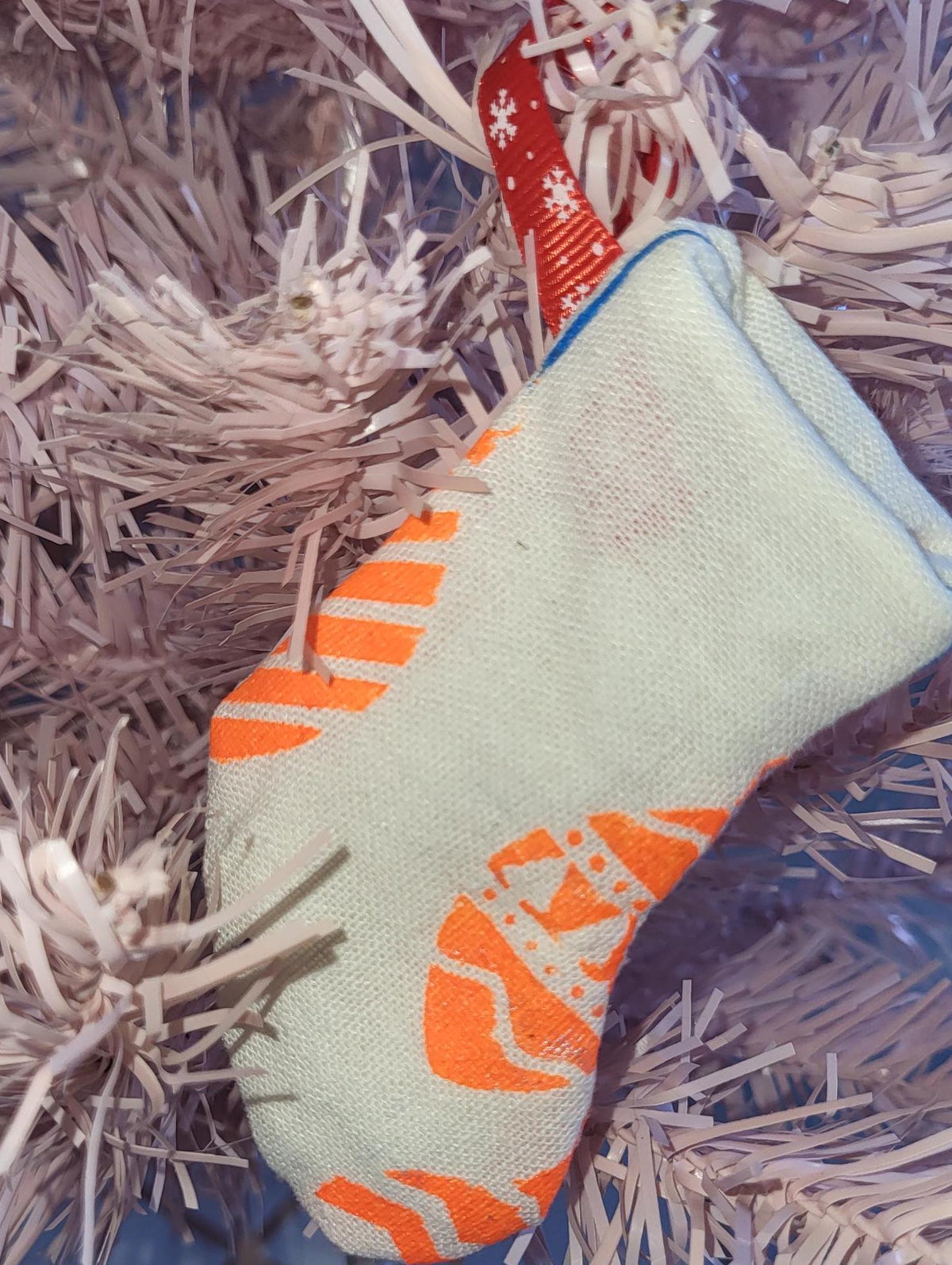 Handprinted Neon Christmas Stocking Ornament: Eco-Friendly Fabric Decor - KJ Designs