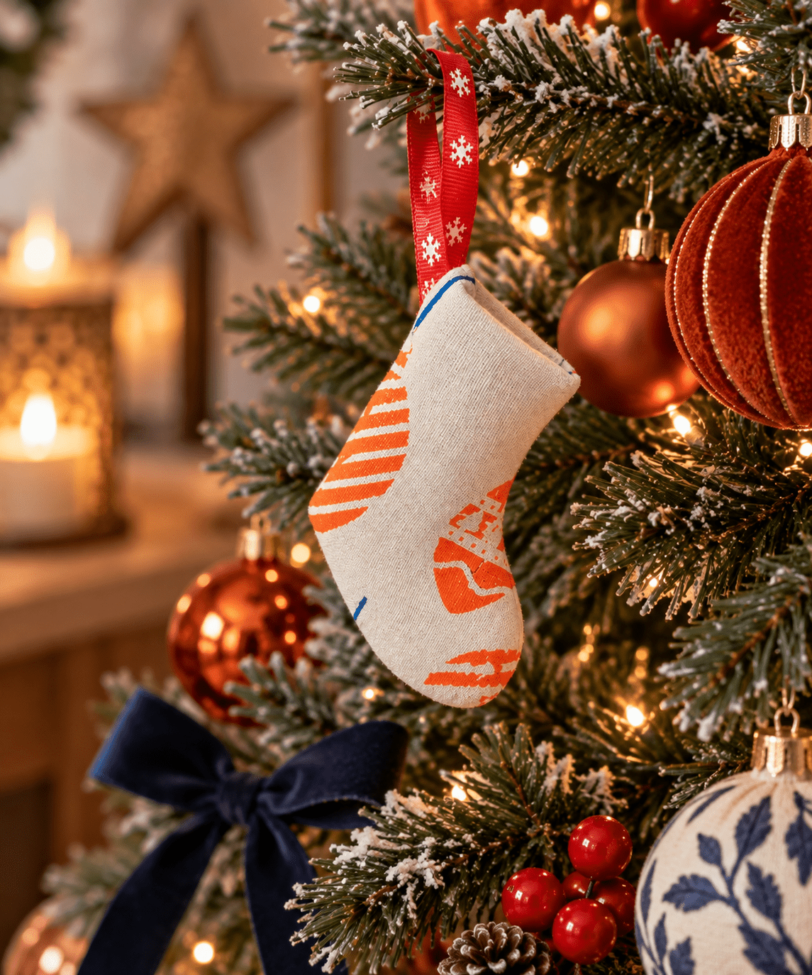 Handprinted Neon Christmas Stocking Ornament: Eco-Friendly Fabric Decor - KJ Designs