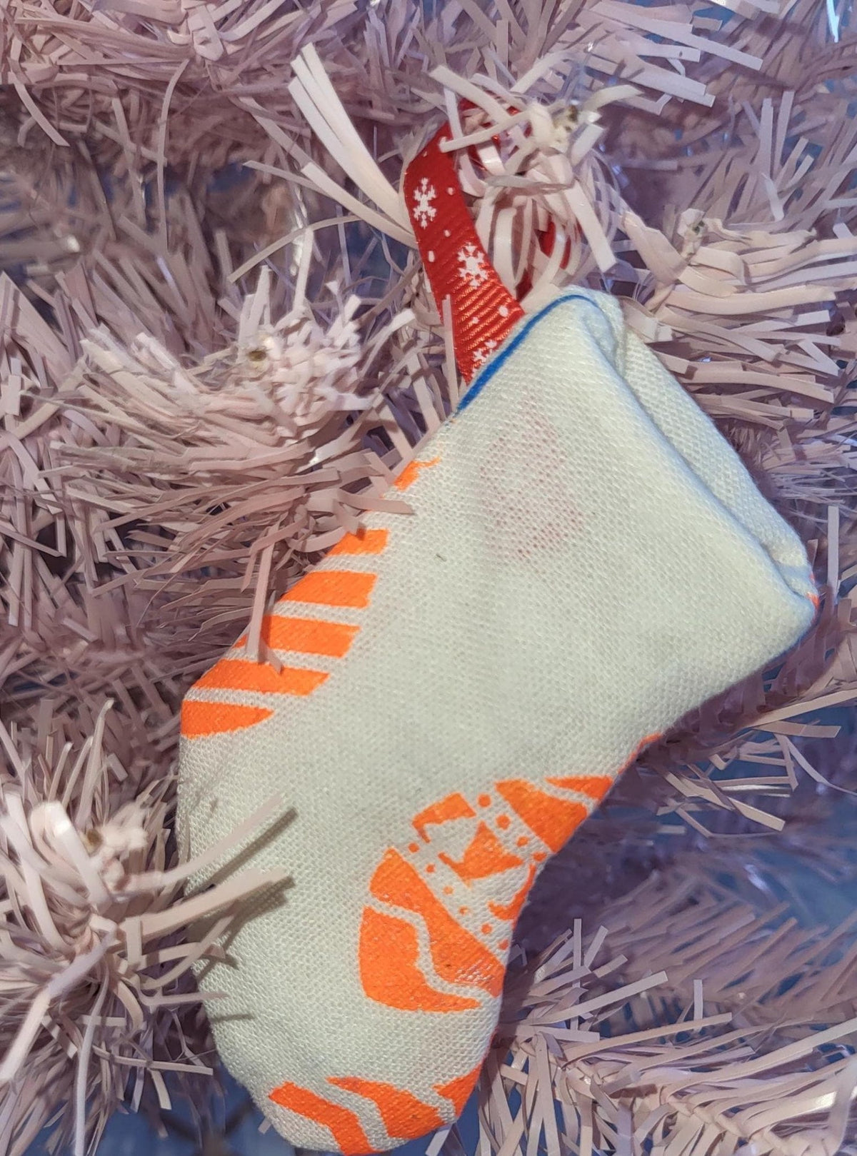 Handprinted Neon Christmas Stocking Ornament: Eco-Friendly Fabric Decor - KJ Designs