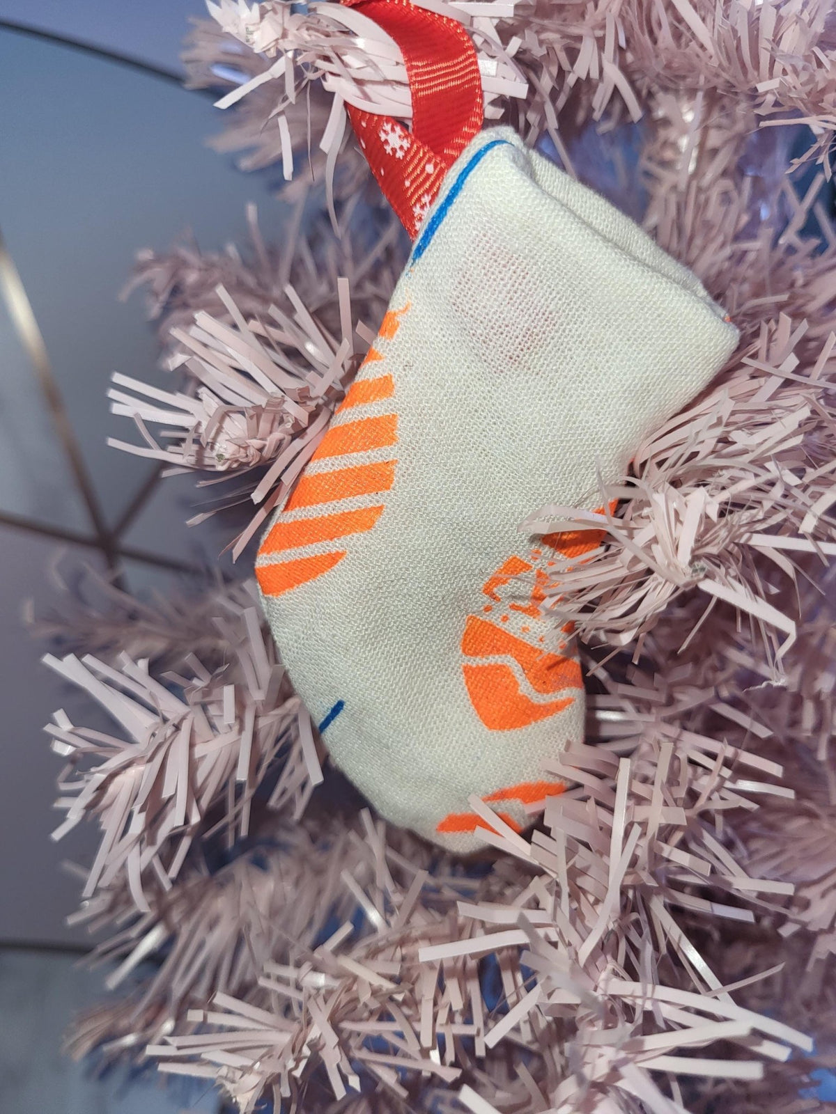 Handprinted Neon Christmas Stocking Ornament: Eco-Friendly Fabric Decor - KJ Designs