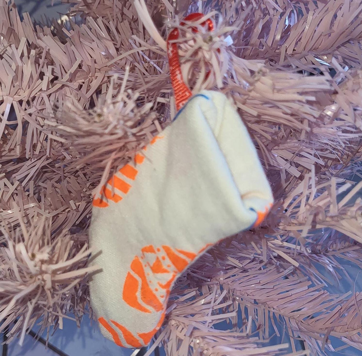 Handprinted Neon Christmas Stocking Ornament: Eco-Friendly Fabric Decor - KJ Designs