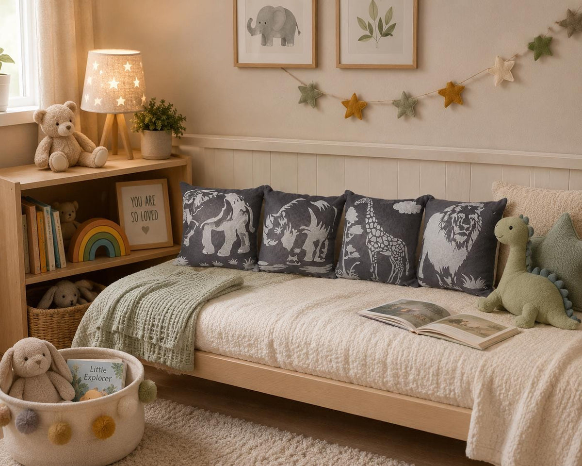 Handprinted Safari Pillows: Wild Animal Nursery Decor, Animal Lover Gift - KJ Designs