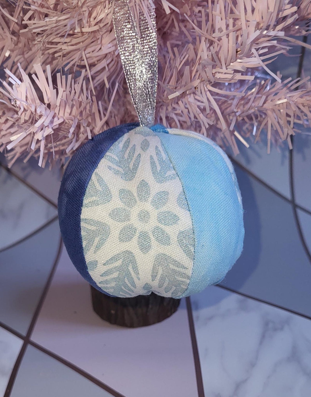 Handprinted Snowflake Fabric Christmas Baubles: Frosty Blue Set - KJ Designs