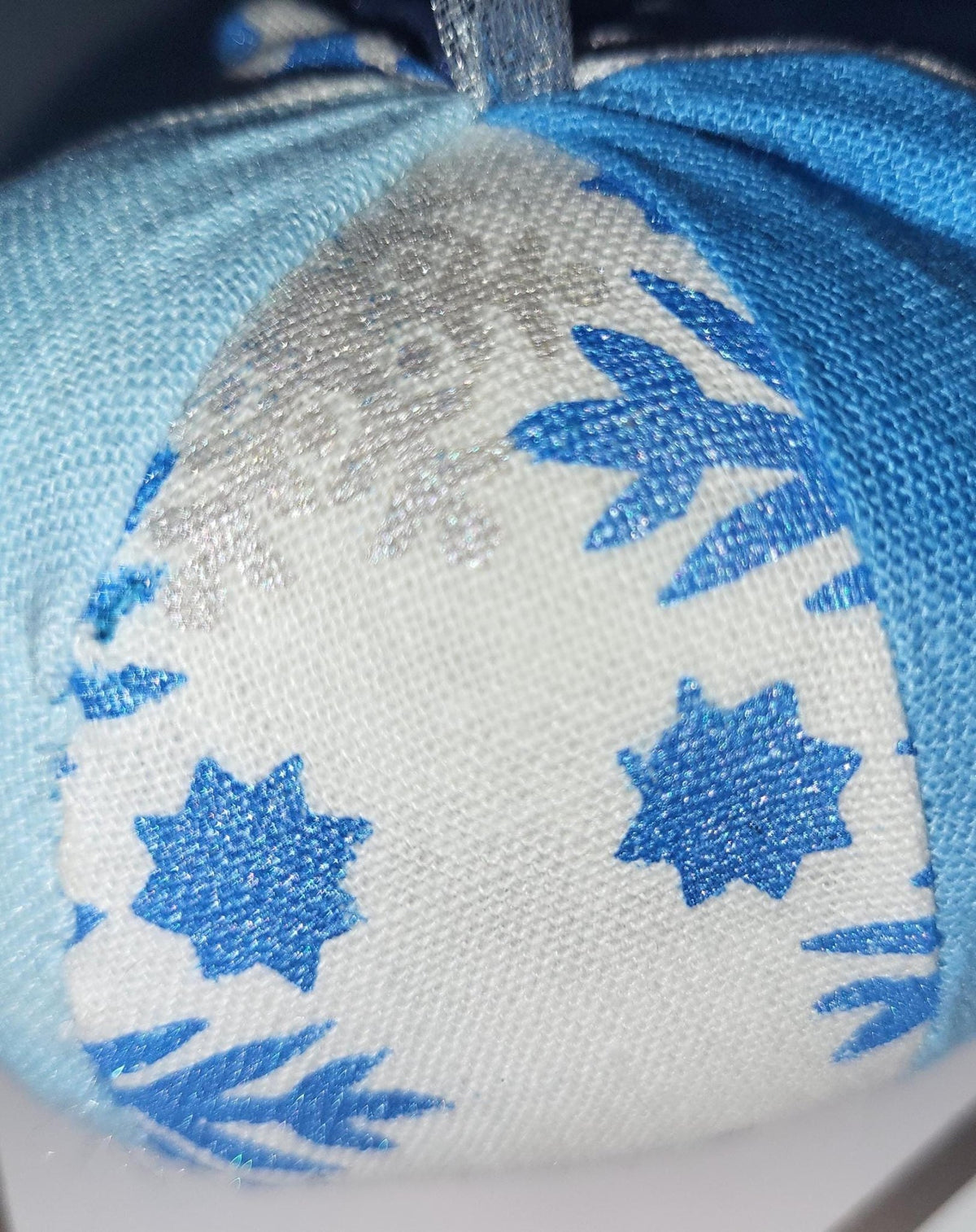 Handprinted Snowflake Fabric Christmas Baubles: Frosty Blue Set - KJ Designs
