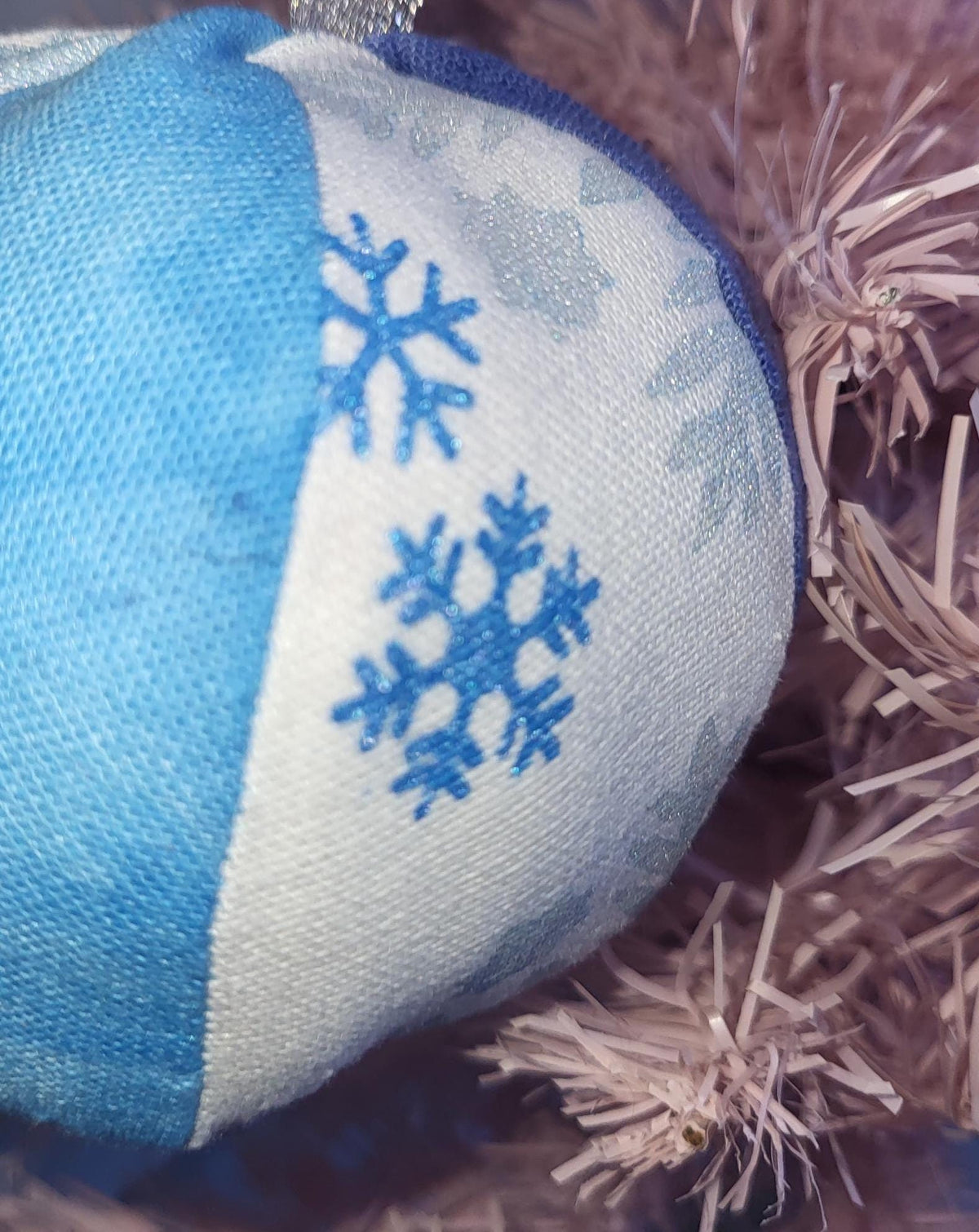 Handprinted Snowflake Fabric Christmas Baubles: Frosty Blue Set - KJ Designs