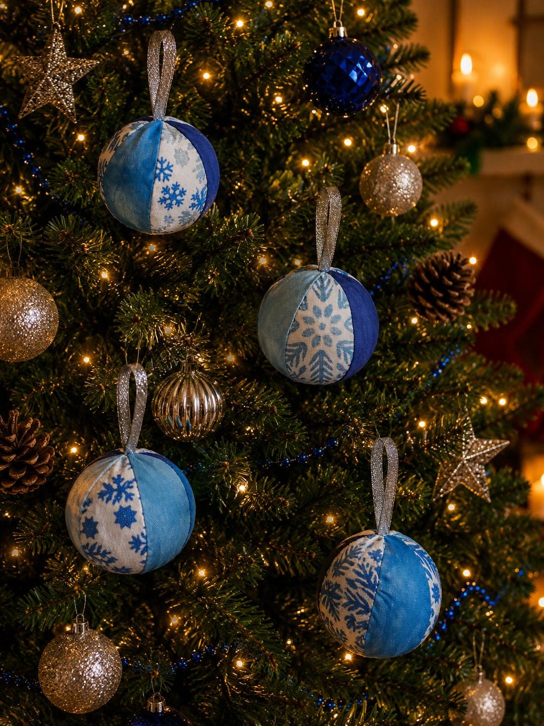 Handprinted Snowflake Fabric Christmas Baubles: Frosty Blue Set - KJ Designs