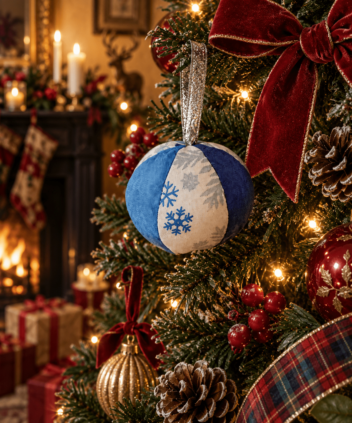 Handprinted Snowflake Fabric Christmas Baubles: Frosty Blue Set - KJ Designs