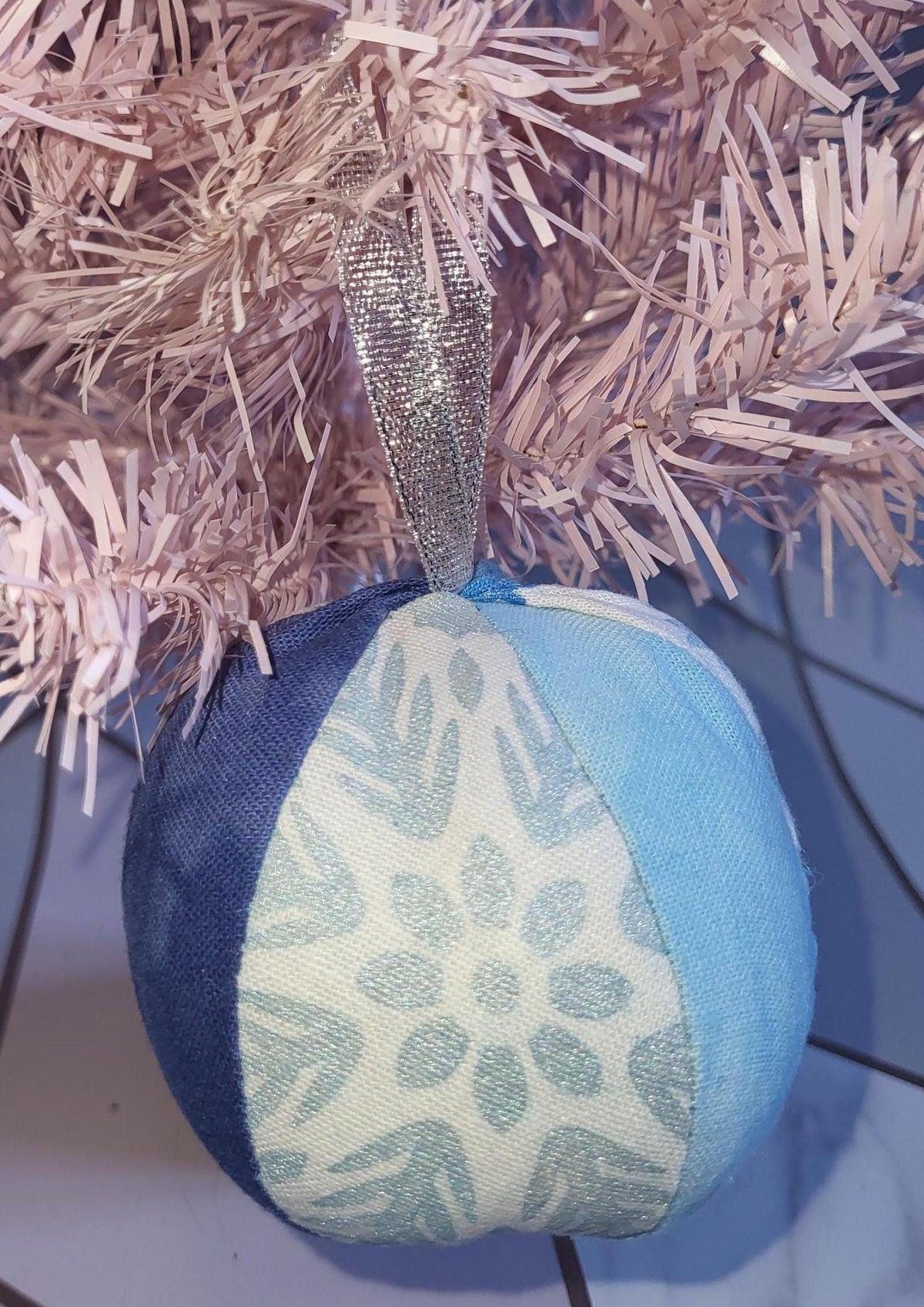 Handprinted Snowflake Fabric Christmas Baubles: Frosty Blue Set - KJ Designs