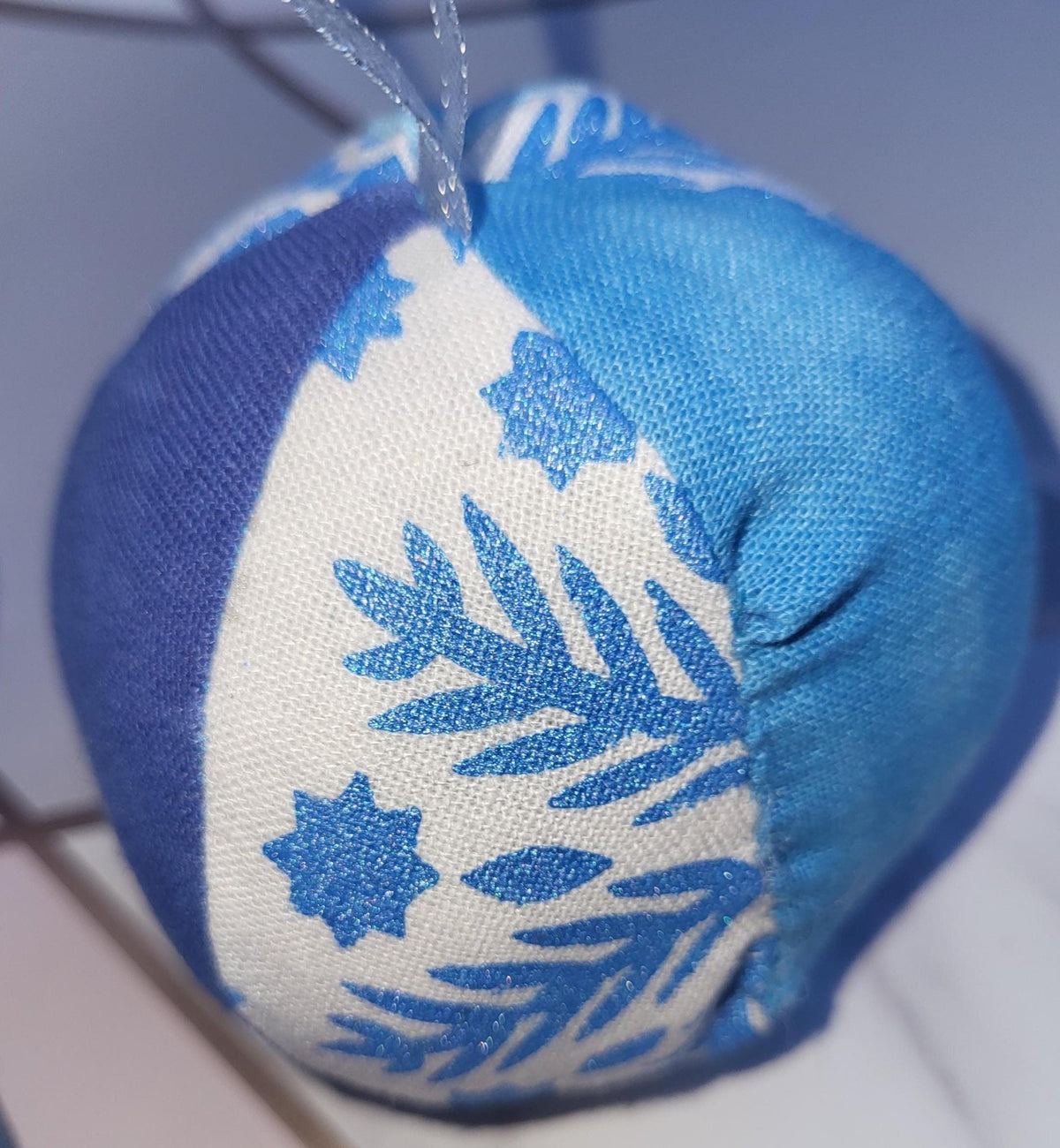 Handprinted Snowflake Fabric Christmas Baubles: Frosty Blue Set - KJ Designs