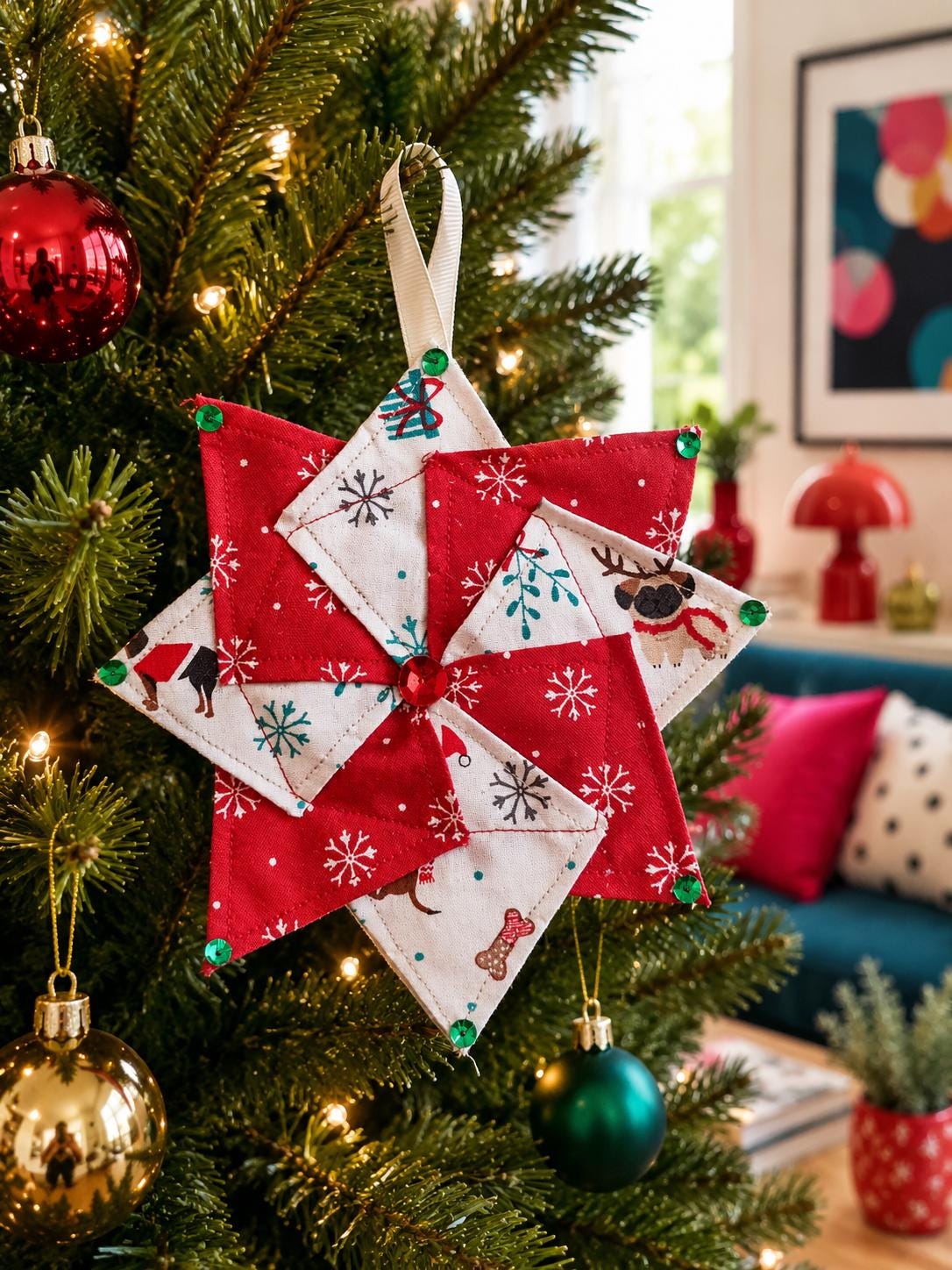Handsewn Pinwheel Christmas Ornament: Eco-Friendly Fabric Decoration - KJ Designs
