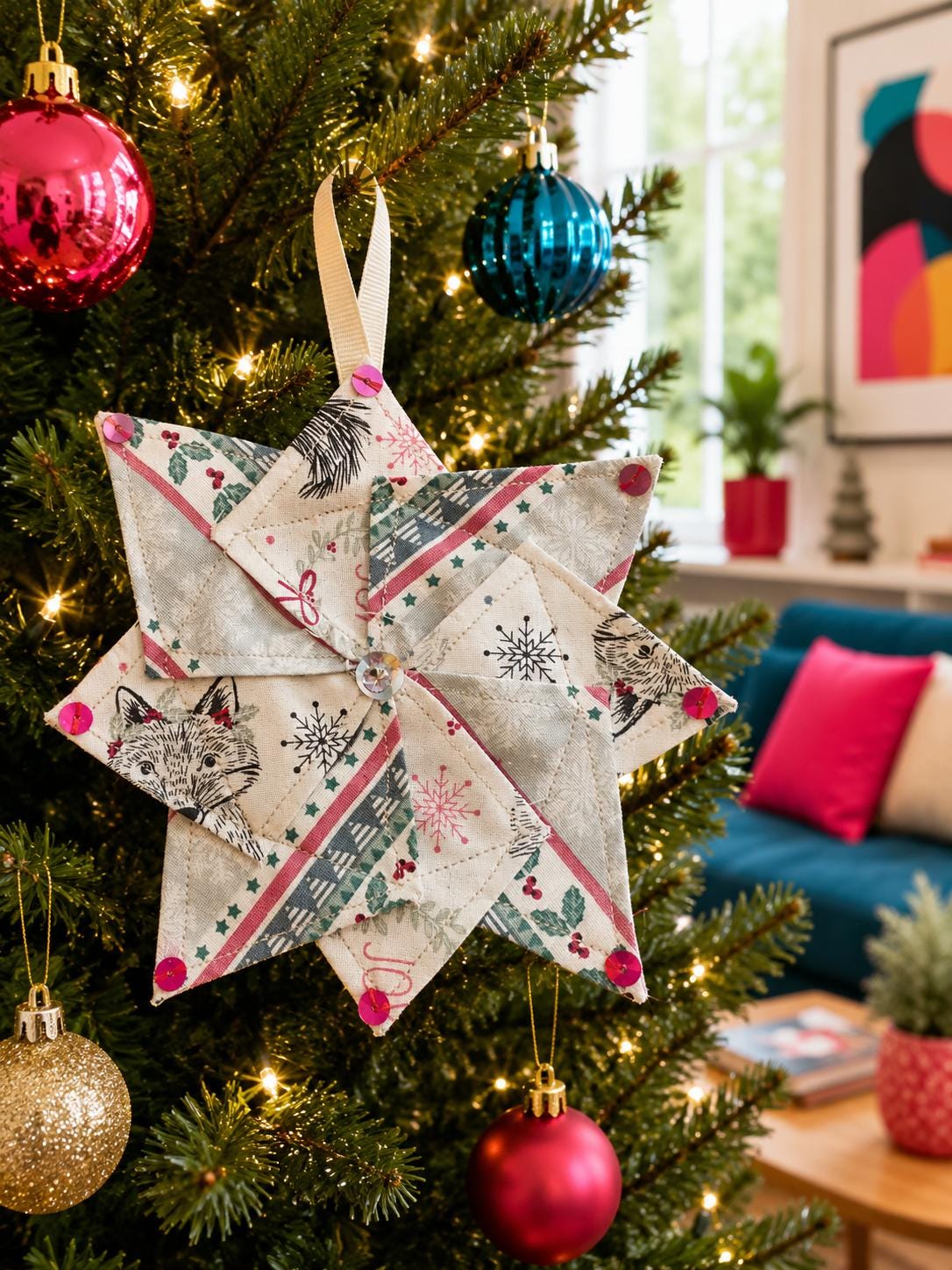 Handsewn Pinwheel Christmas Ornament: Eco-Friendly Fabric Decoration - KJ Designs