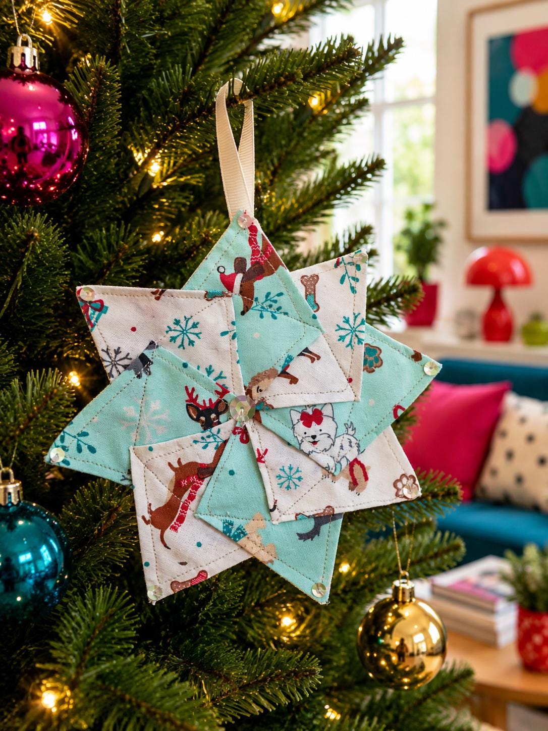 Handsewn Pinwheel Christmas Ornament: Eco-Friendly Fabric Decoration - KJ Designs