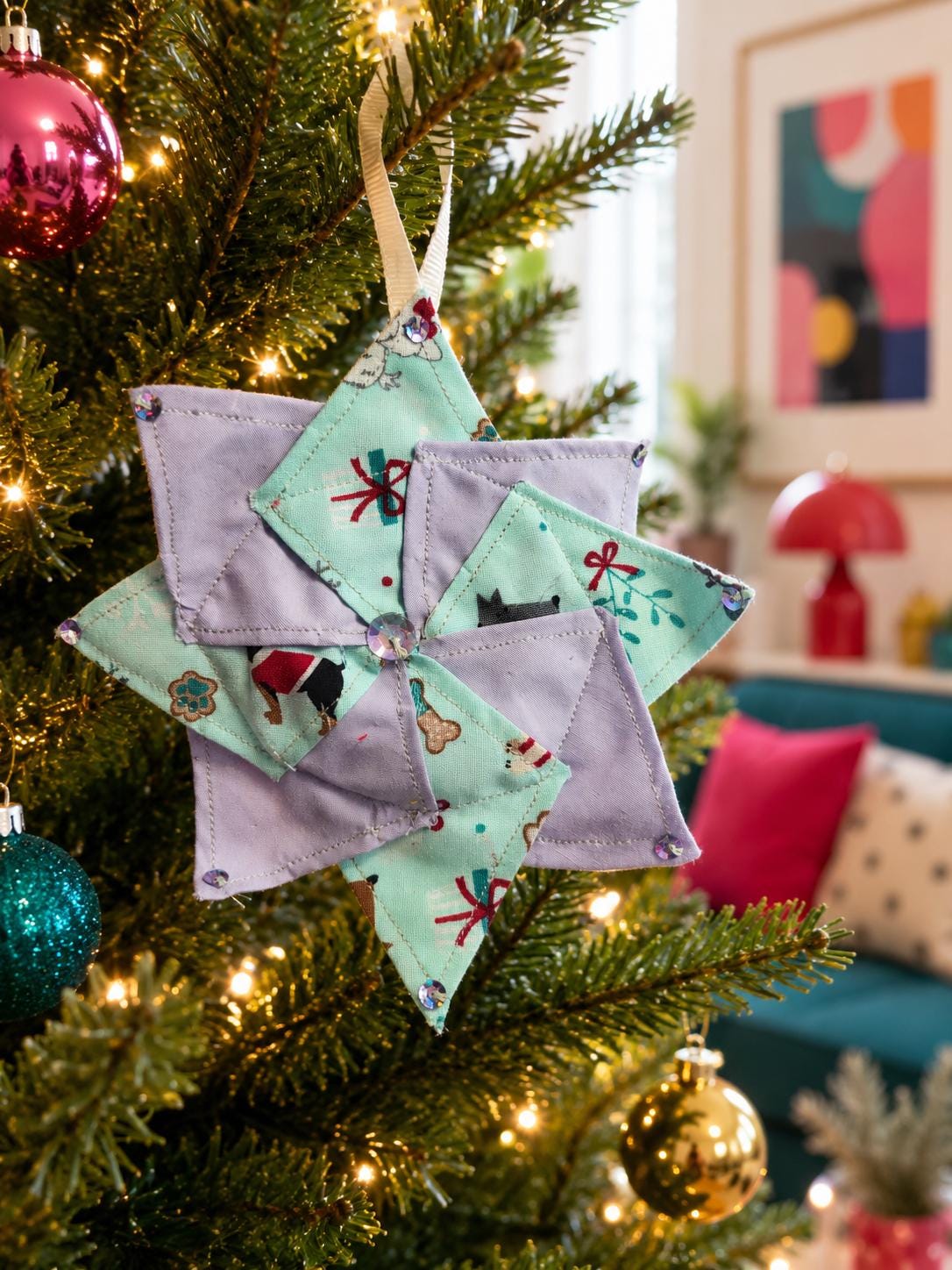Handsewn Pinwheel Christmas Ornament: Eco-Friendly Fabric Decoration - KJ Designs