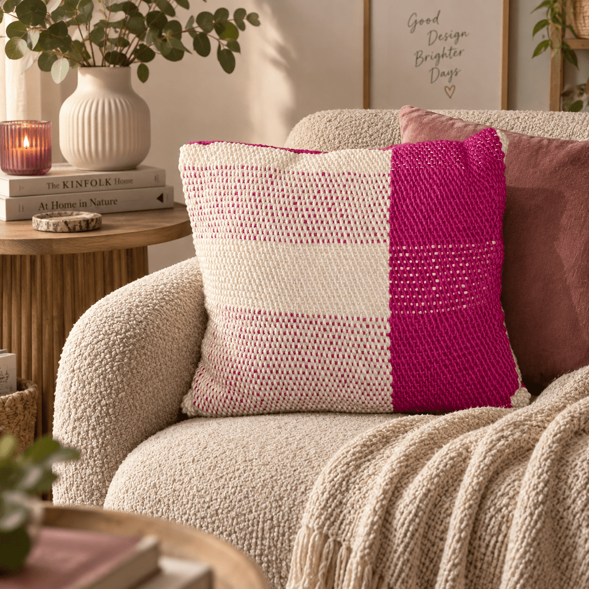 Handwoven Fuchsia & Cream Statement Cushion - KJ Designs
