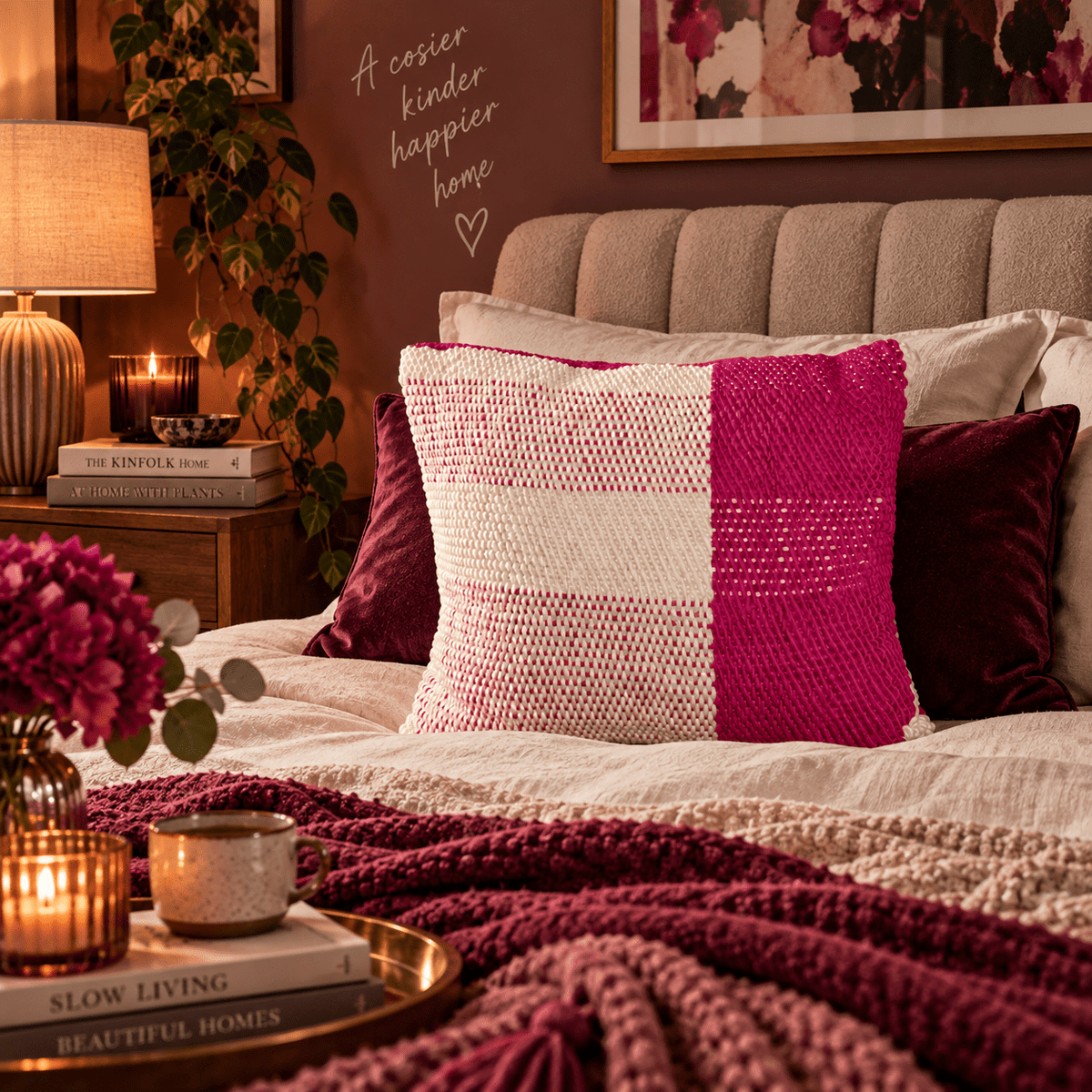 Handwoven Fuchsia & Cream Statement Cushion - KJ Designs