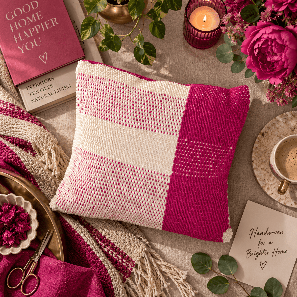 Handwoven Fuchsia & Cream Statement Cushion - KJ Designs